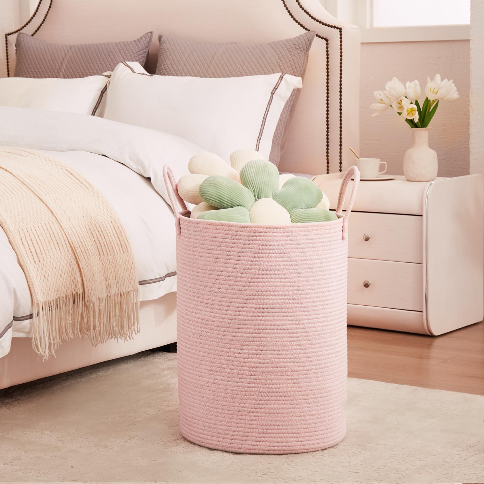 Mojoscend 60L Large Pink Laundry Hamper Basket For Grils Baby Nursery, 15Dx20H Inches Tall Toddler Clothes Hamper, Woven Rope Ha