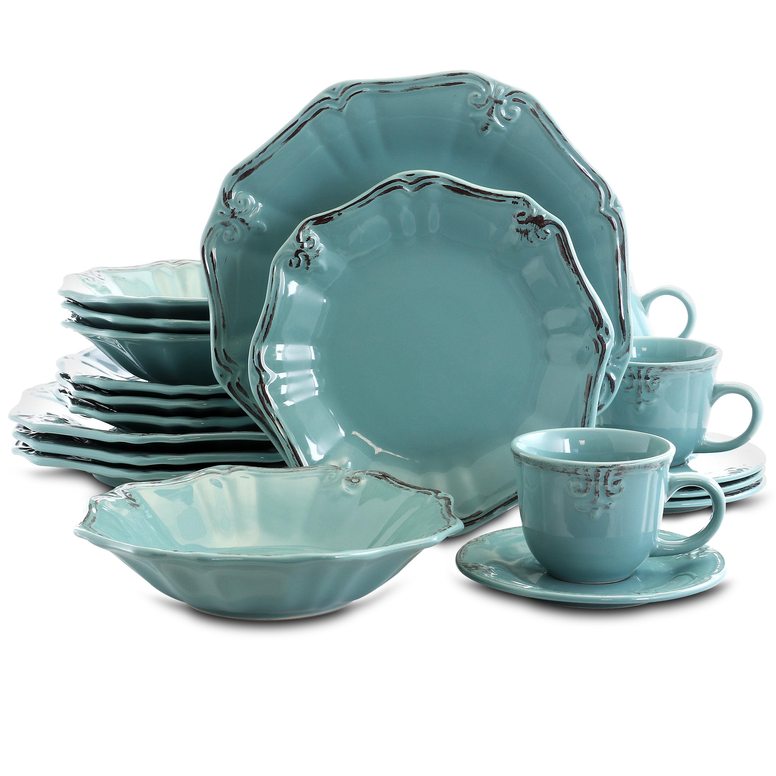 Elama Scalloped Round Stoneware Elegant Dinnerware Dish Set, 20 Piece, Turquoise