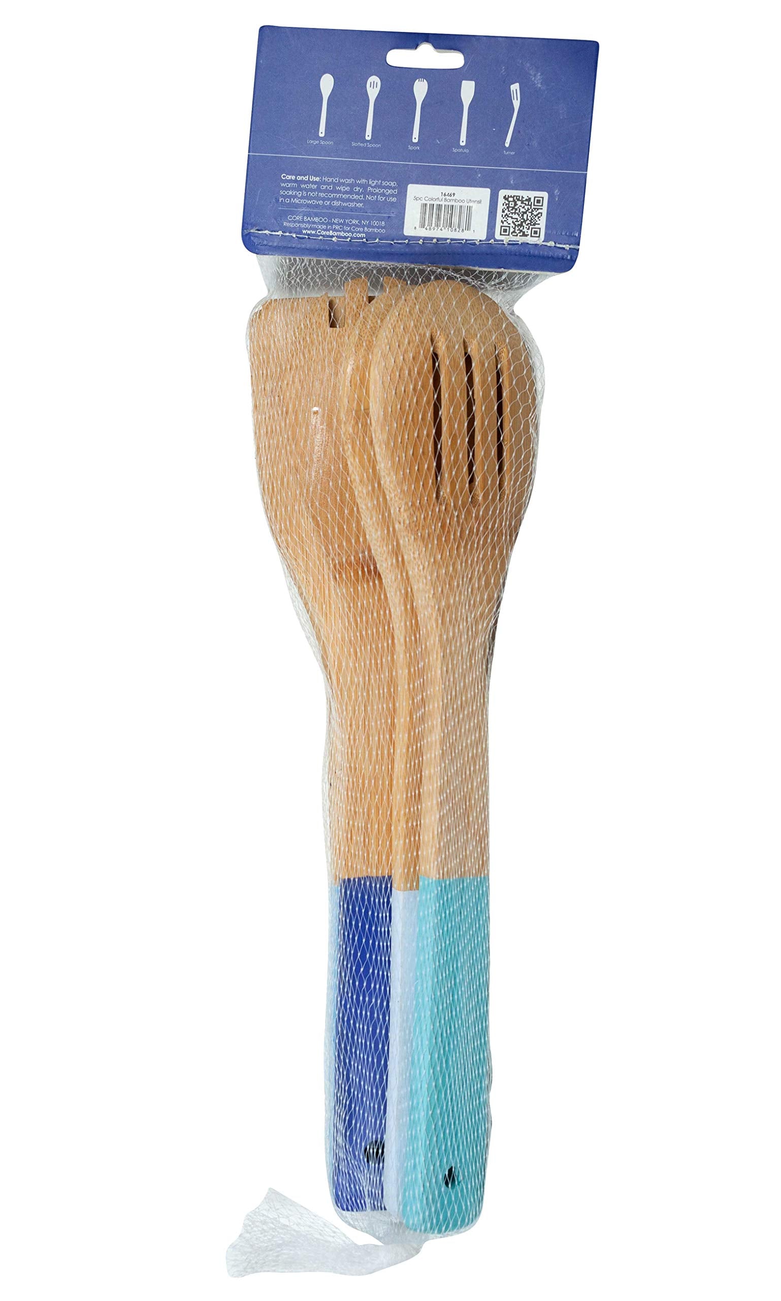 Core Bamboo 5 Piece Bamboo Kitchen Utensil Set - Includes Spoon, Slotted Spoon, Spork, Spatula And Solid Turner - Assorted Blue
