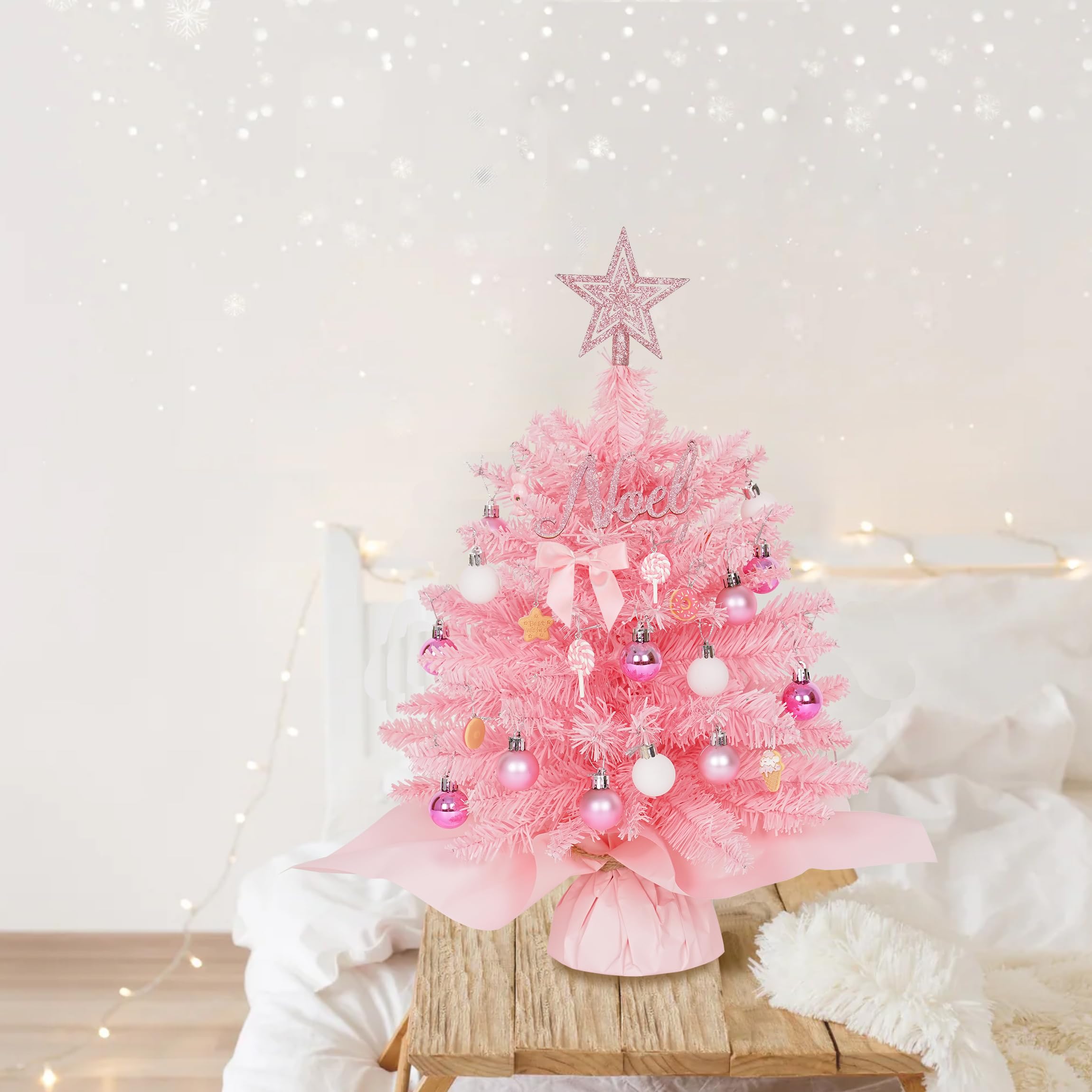 Wangchao Craft 20 Mini Pink Christmas Tree Table Top Artificial Xmas Tree Small Christmas Tree with Lights, Star Treetop and Bal