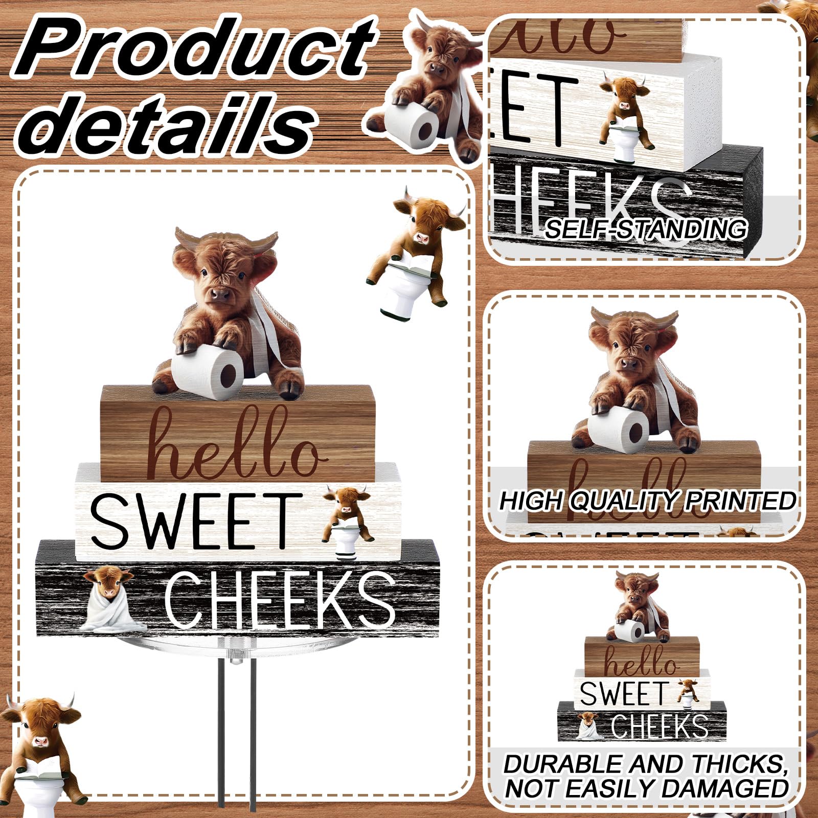 Cinnvoice 4 Pcs Christmas Highland Cow Bathroom Decor Farmhouse Bathroom Decoration Western Hello Sweet Cheeks Table Centerpiece