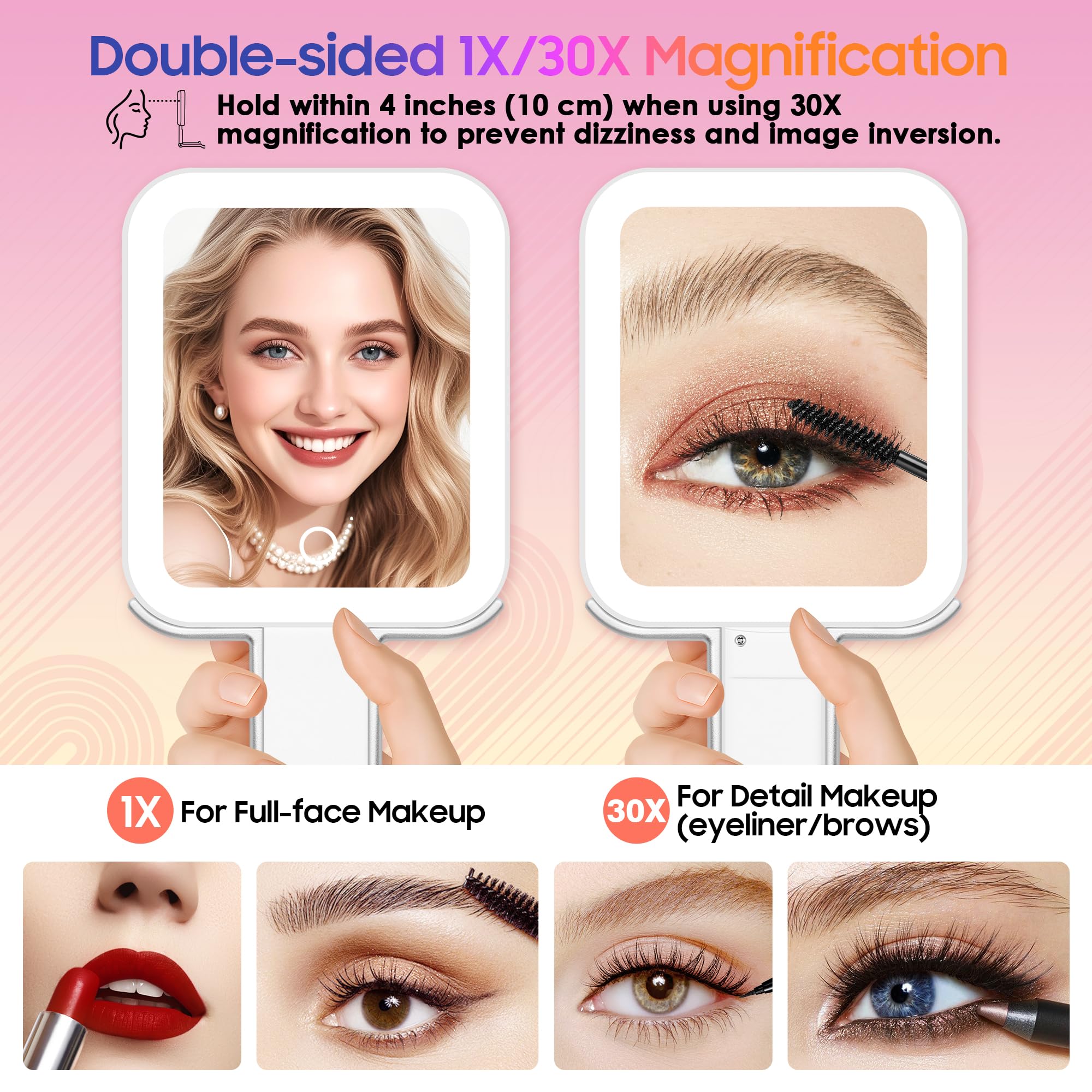 Gomipuru Magnifying Travel Mirror With Light, 30X/1X Double-Sided Magnifying Mirror With 3 Color Lights, Brightness Adjustable,