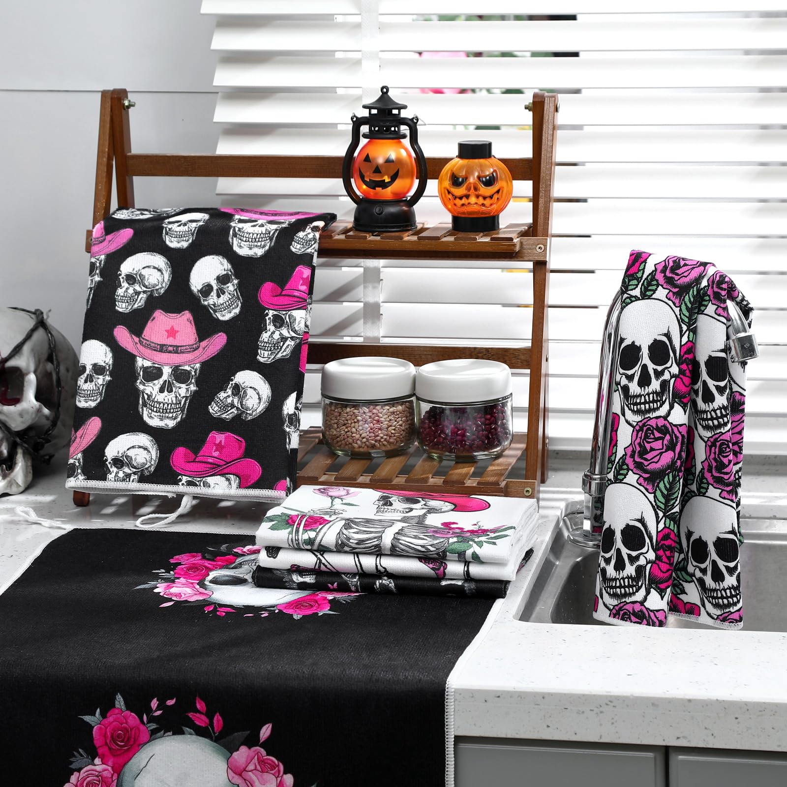 Bencailor 6 Pcs Christmas Skull Kitchen Towels Gothic Spooky Christmas Dish Hand Towels Skeleton Pink Red Rose Tea Washcloth for