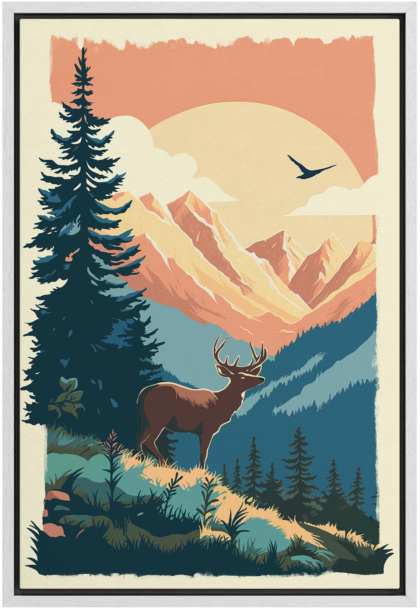 Signford Framed Canvas Print Wall Art Deer Green Pine Tree Forest Nature Wilderness Illustrations Modern Art Decorative Rustic R