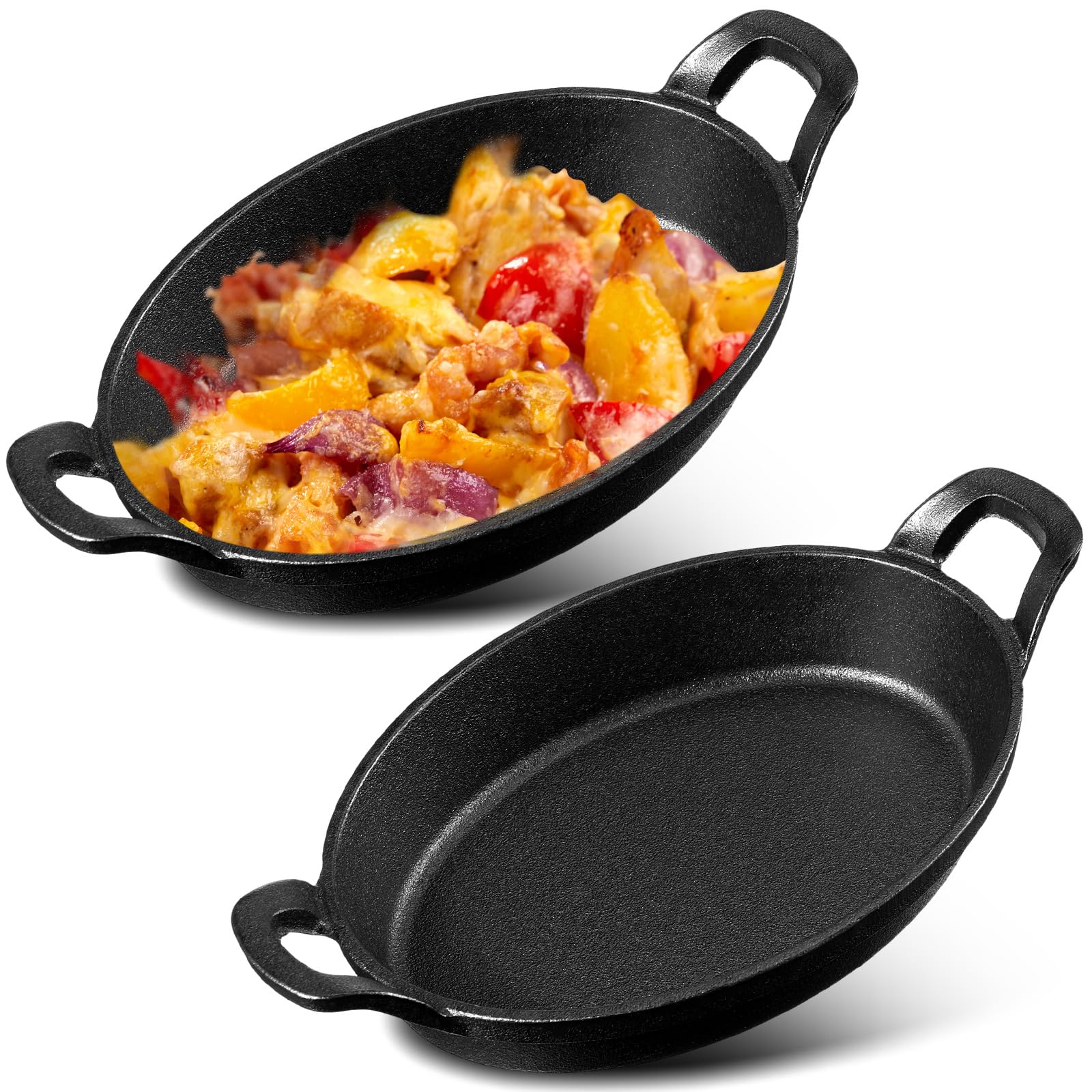 Mifoci 2 Pack Mini Cast Iron Fajita Skillet, 8.5 x 6.1 Oval Sizzling Steak Plate Pan Small Ramekin Set Black Casserole Dish fo