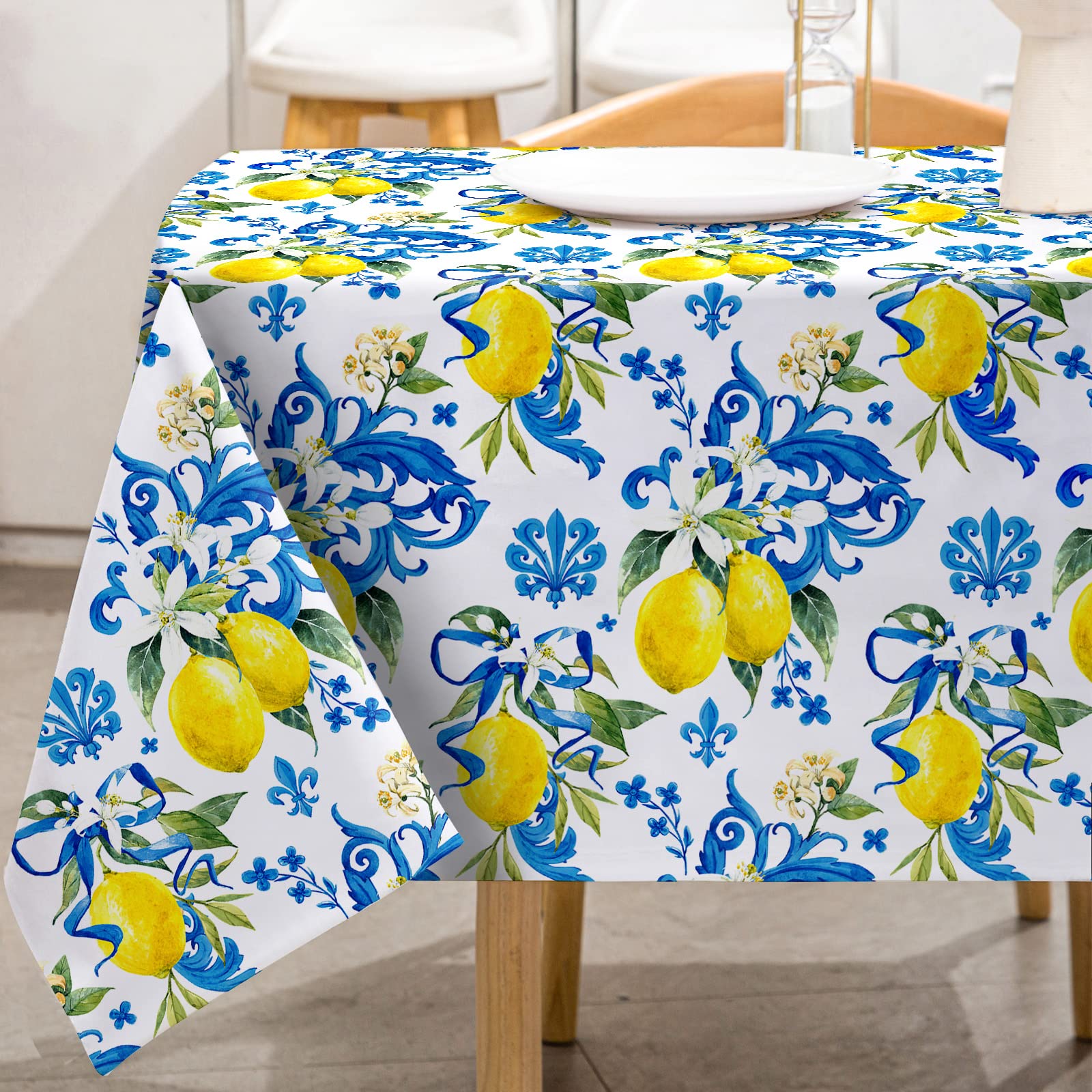 Whaline Capari Lemon Tablecloth Blue Tile Lemon Flower Fabric Table Cloth Italian Rectangle Table Cover for Picnic Dinner Table 