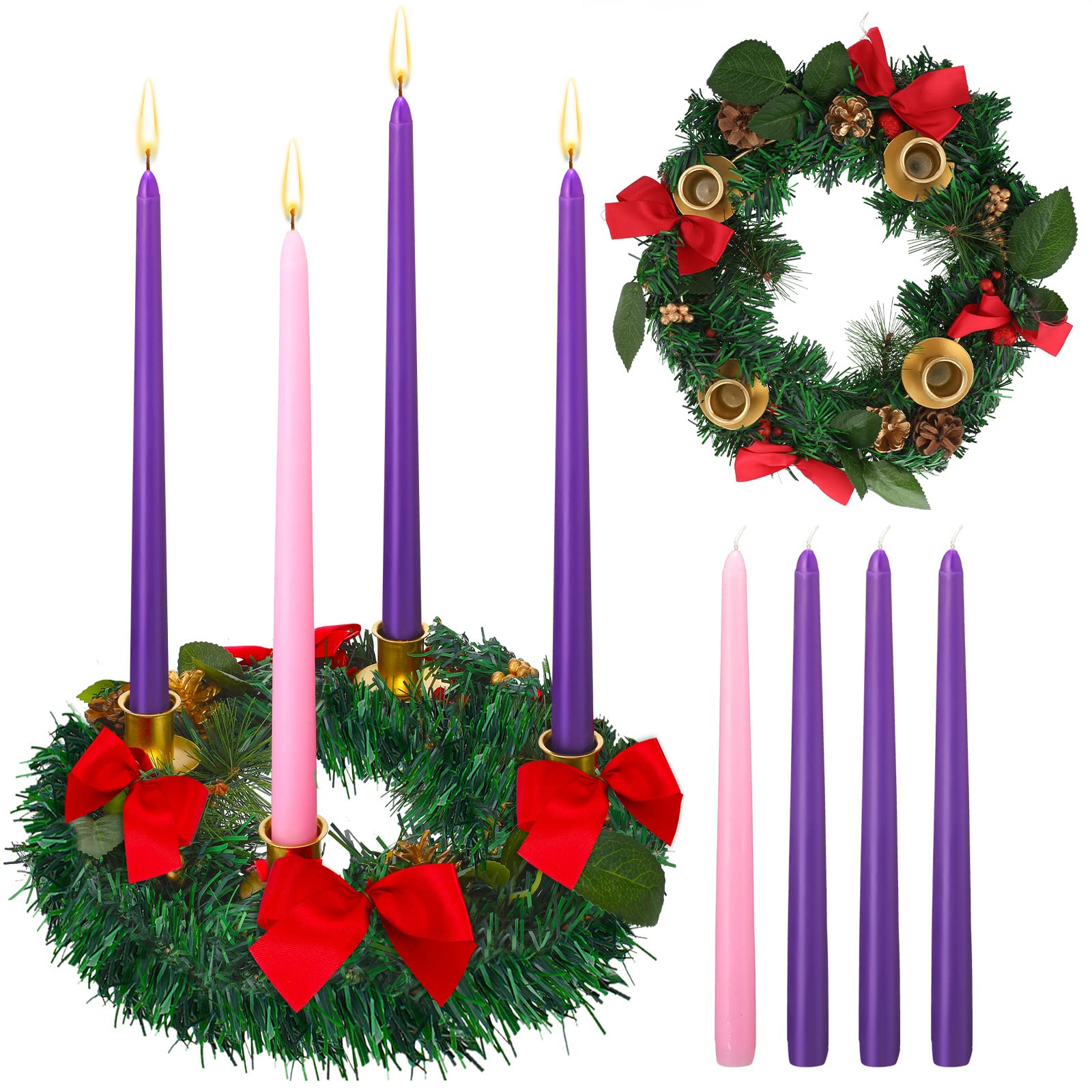 Dingion 12 Inch Christmas Advent Wreath Advent Candle Holder with 4 Taper Candles Remote Control Christmas Centerpiece Decoratio