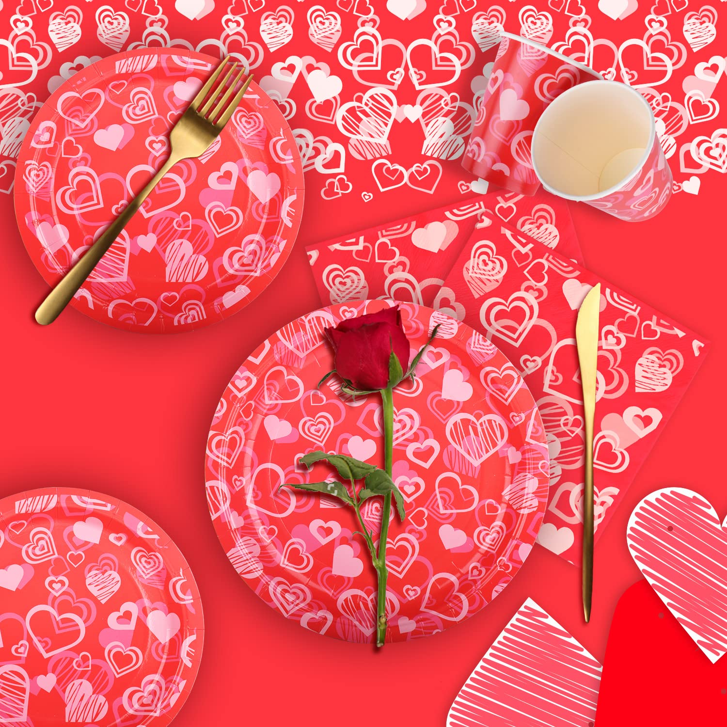 Gatherfun Valentine'S Day Party Supplies Hot Heart Love Disposable Paper Plates Napkins Cups Plastic Tablecloth With Banner For