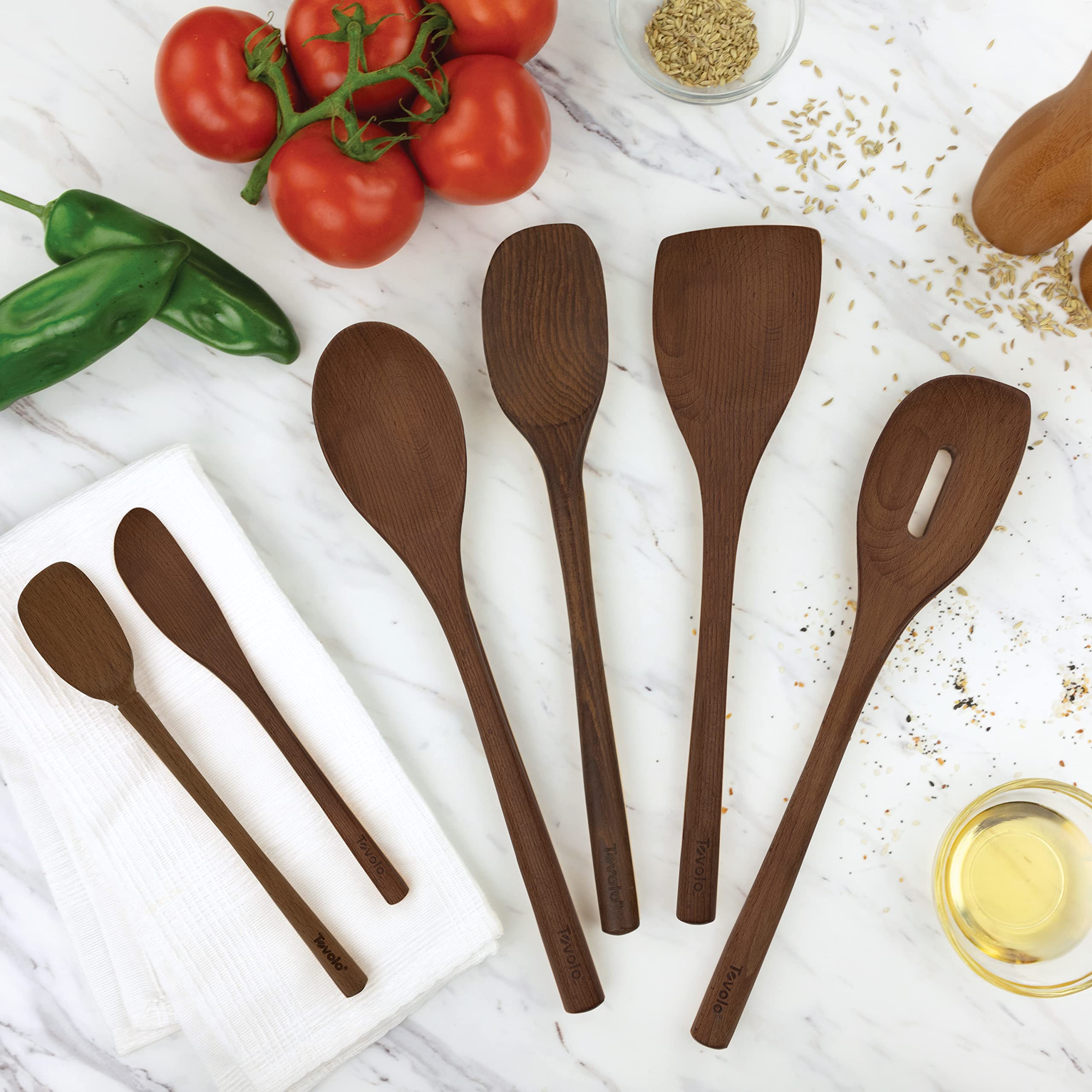 Tovolo Red Beechwood Utensil Set Of 6 For Meal Prep, Cooking, Baking, And More