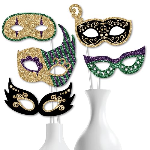 Mardi Gras Masks & Glasses - Paper Card Stock Masquerade Party Photo Booth Props Kit - 10 Count