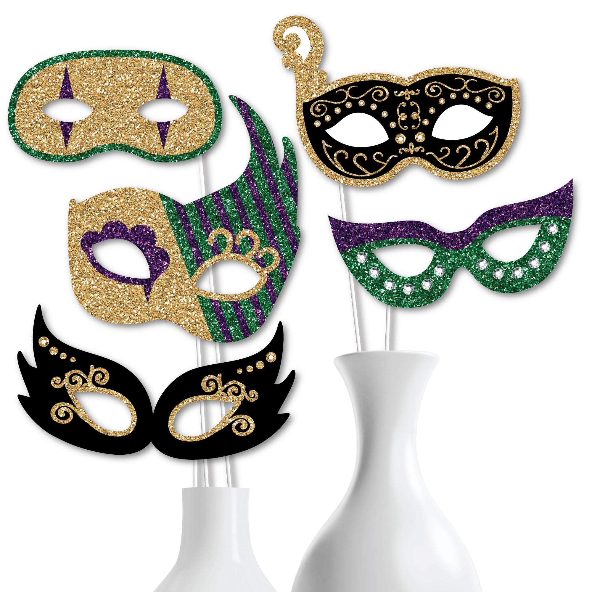 Mardi Gras Masks & Glasses - Paper Card Stock Masquerade Party Photo Booth Props Kit - 10 Count