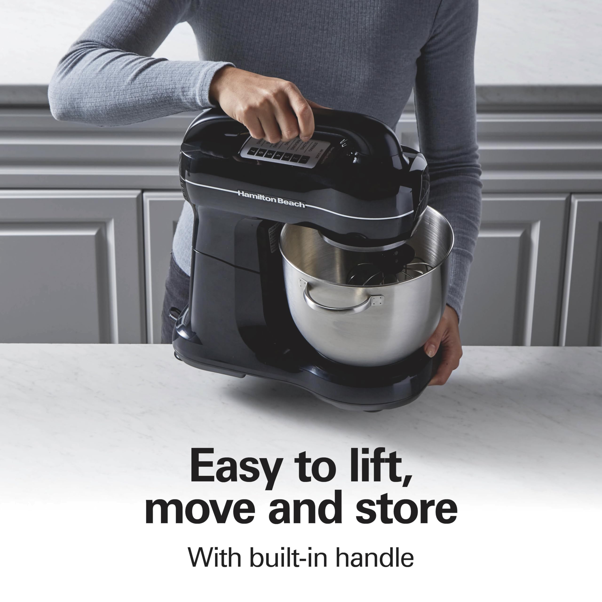 Hamilton Beach Electric Stand Mixer, 4 Quarts, Dough Hook, Flat Beater Attachments, Splash Guard 7 Speeds With Whisk, Black With