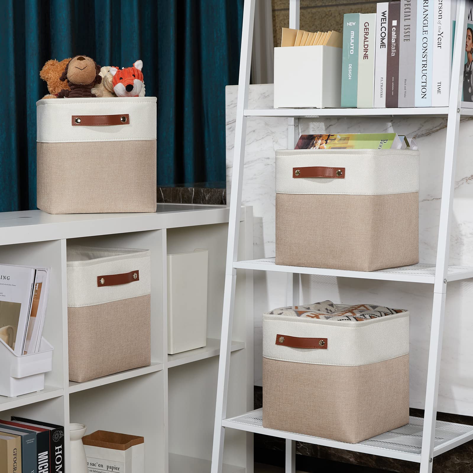 DULLEMELO 11 inch Cube Storage Bins  Large Collapsible Grey Storage Baskets for Square Cubes Organizing  Fabric Boxes Bins for Shelves Nursery Home Office Storage(4 Pack - 11 '' White&Khaki)