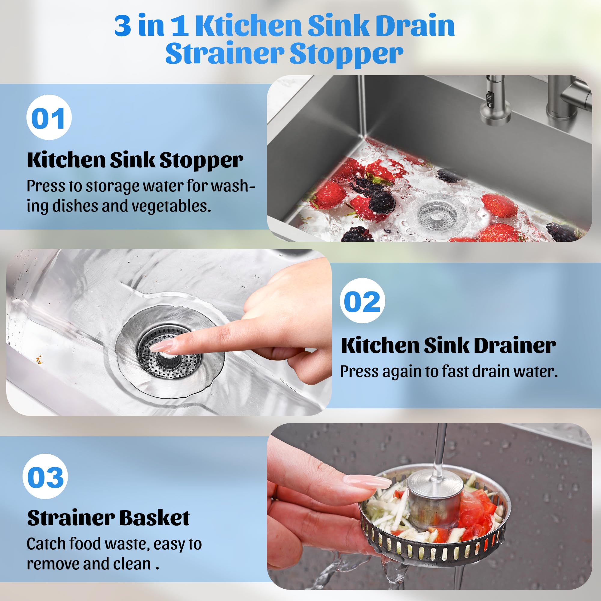Ninjatiger Kitchen Sink Drain Strainer - 3-In-1 Stainless Steel Pop Up Sink Stopper Anti-Clogging Sink Strainer Basket Sink Drai