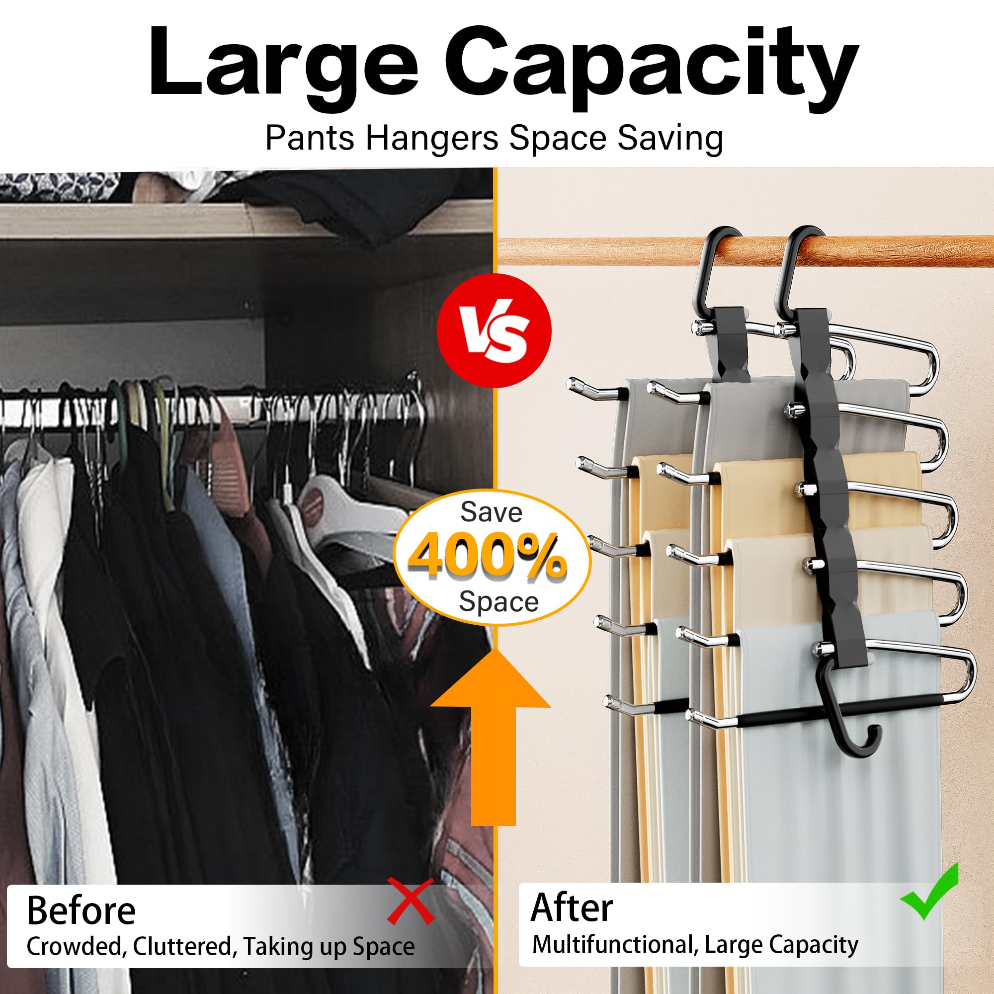 Pants Hangers Space Saving - 2 Pack Closet Organizer And Storage Jean Hangers, Stainless Steel Anti-Slip Clothes Hanger Scarf Ho