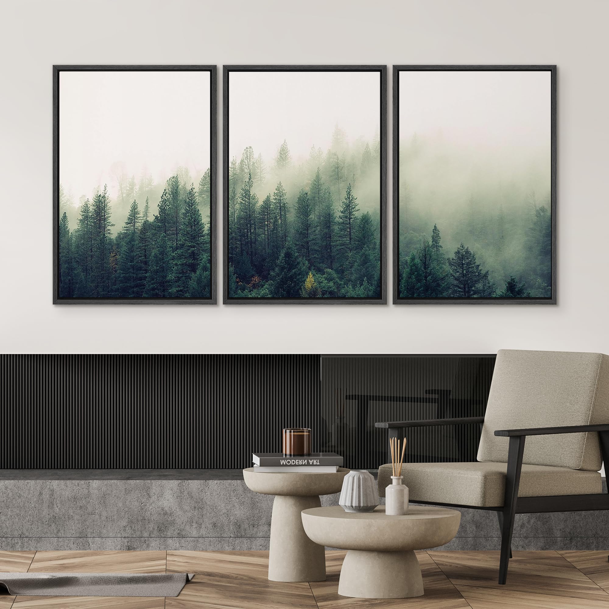 SIGNWIN 3 Piece Framed Canvas Wall Art Foggy Mountains Canvas Prints Home Artwork Decoration for Living Room Bedroom - 24 ''x36 ''x3 Panels