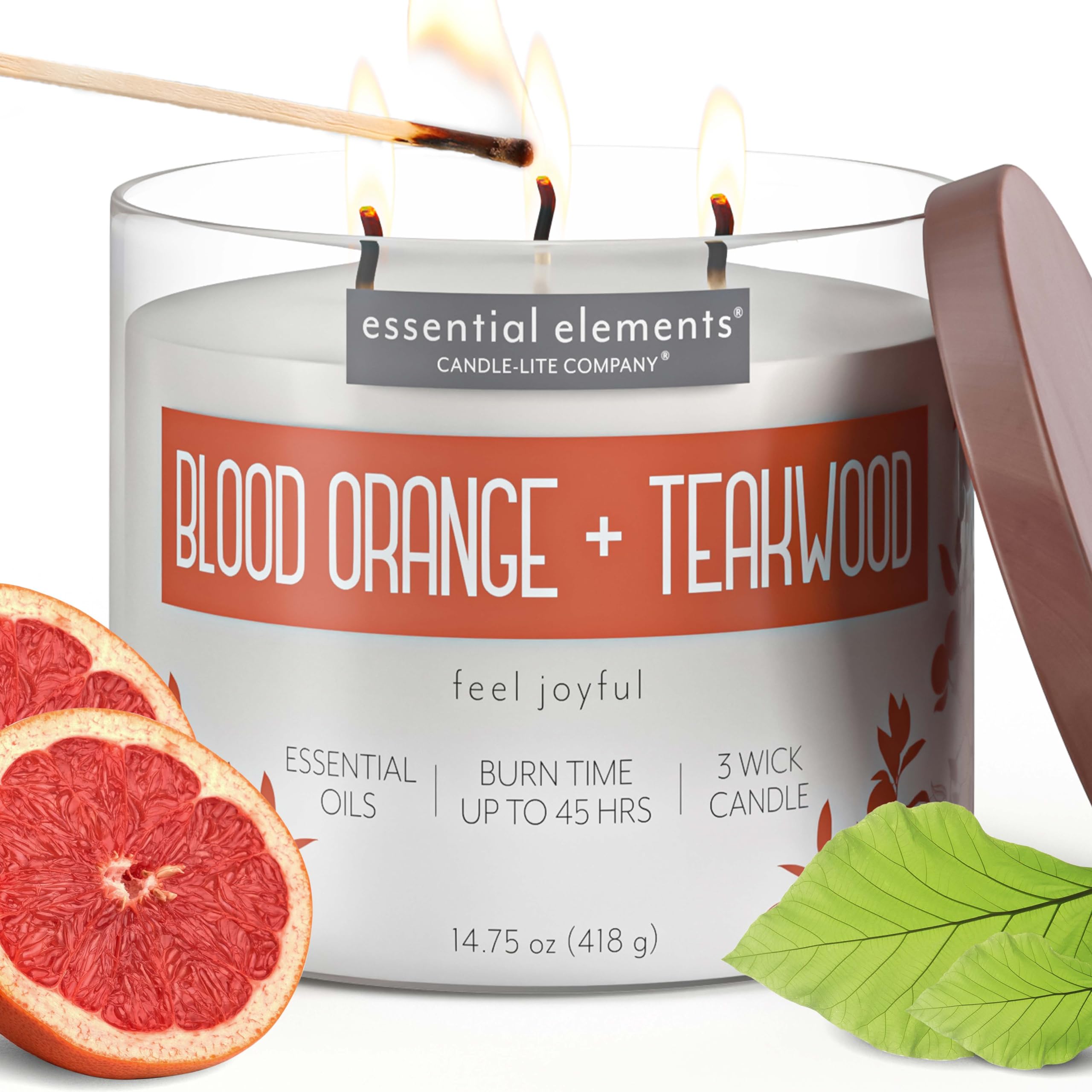 Essential Elements by Candle-lite Scented Candles, Blood Orange & Teakwood Fragrance, One 14.75 oz. Three-Wick Aromatherapy Cand