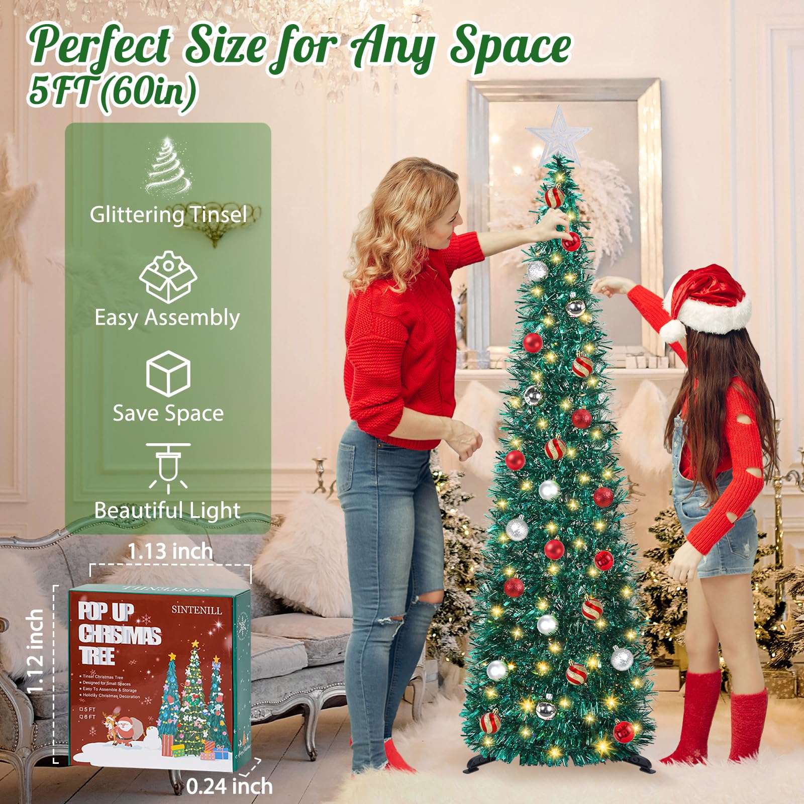 SINTENILL 5 FT Pop Up Christmas Tree with Timer Lights and Decorations, Green Tinsel Artificial Christmas Tree with 24 Balls Orn