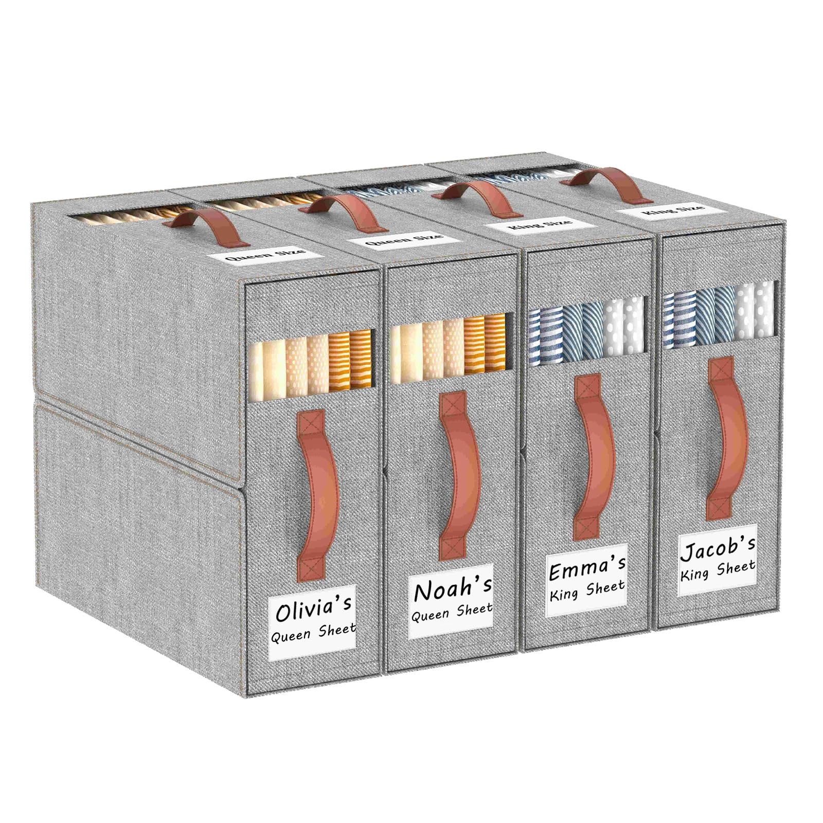 Joymeezo 4 Pack Grey Bed Sheet Organizer, Bedding Sheets Set (Queen & King) Storage Box with a Band, 2 Windows & 2 Handles, Fold