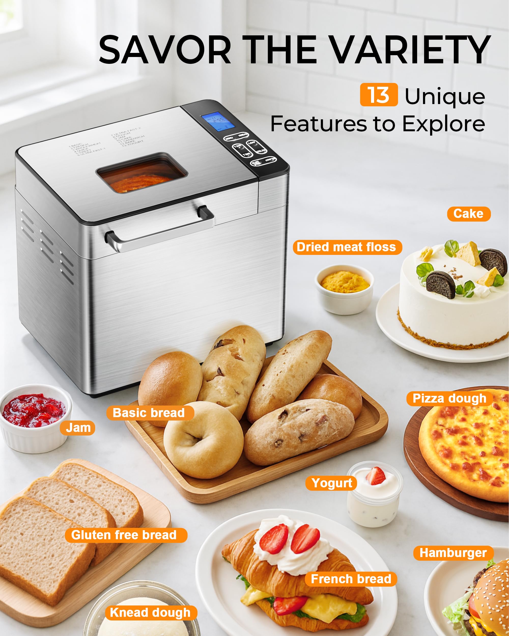 EUHOMY Bread Maker Machine 13 Program 2LB Bread Maker, Bread Machine with 3 Loaf Sizes and 3 Crust Colors, Breadmaker with Fruit