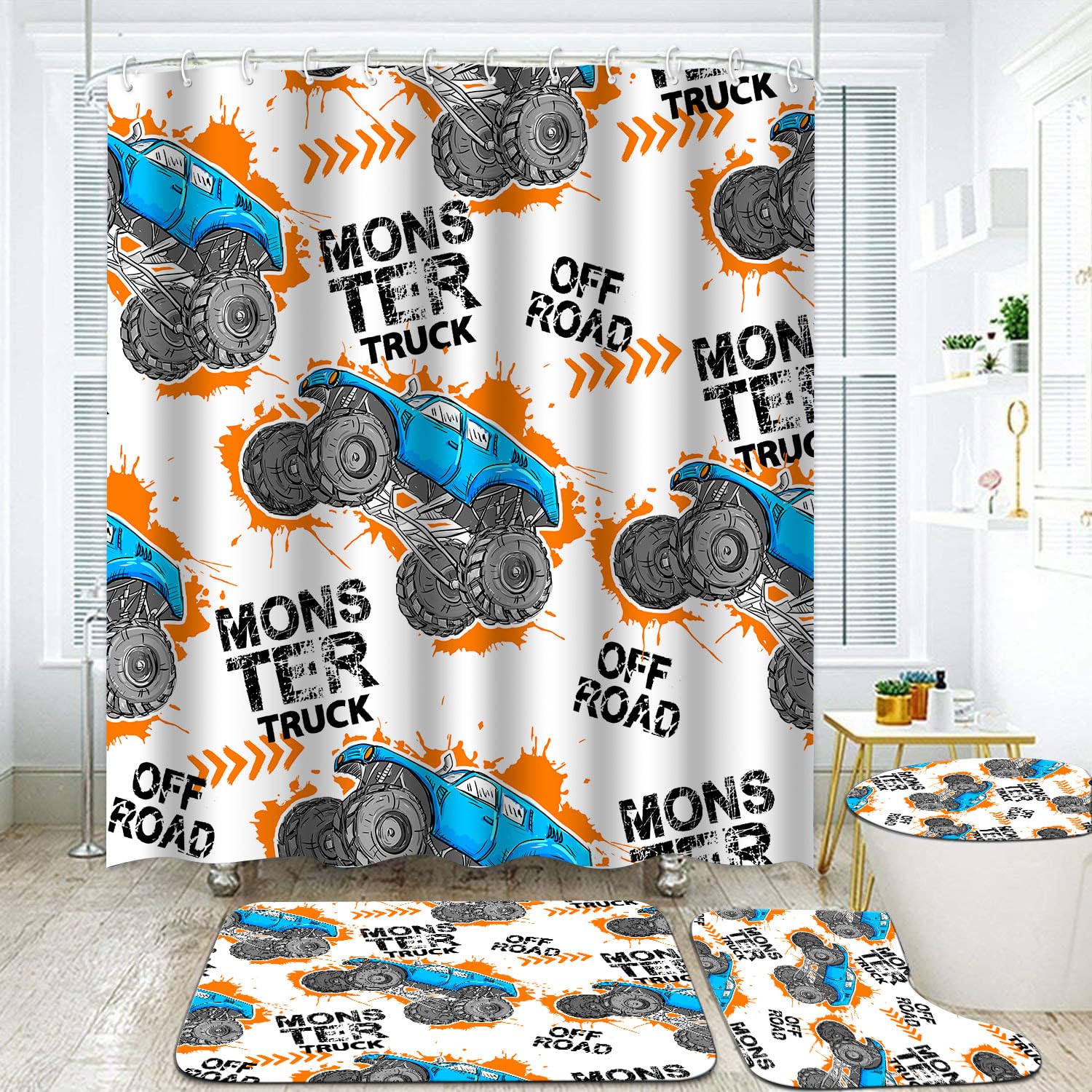 Boys Bathroom Monster Truck Shower Curtain Sets Monster Truck Shower Curtains Set 4 Piece Teen Boy Room Decor, Waterproof Cartoo