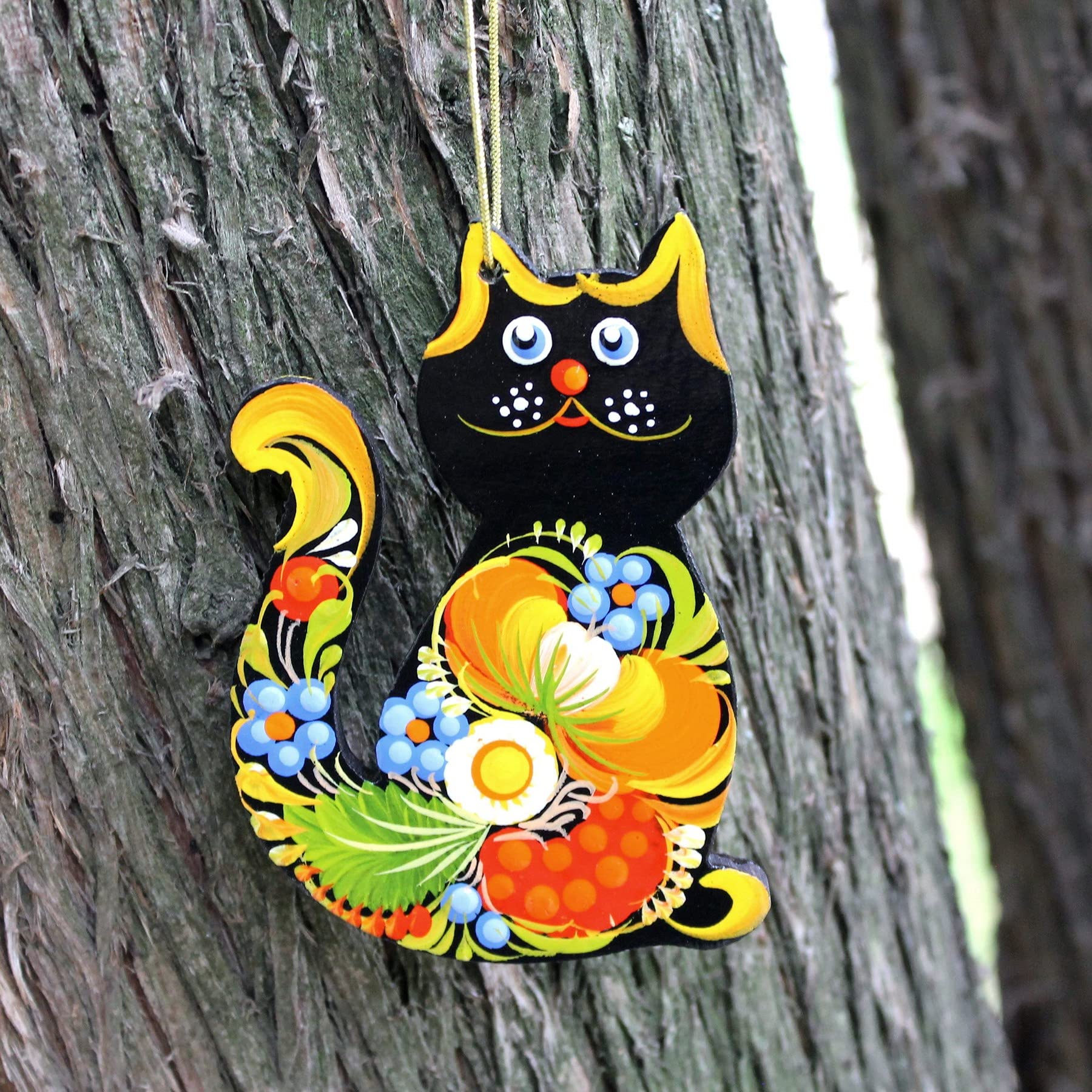 Cat Christmas Ornament Floral Hand painted Wooden 3,3 ? 2,8 ? 0,2 Inch | 7 ? 8,5 ? 0,5 cm Cat Lovers Tree Christmas Decorations