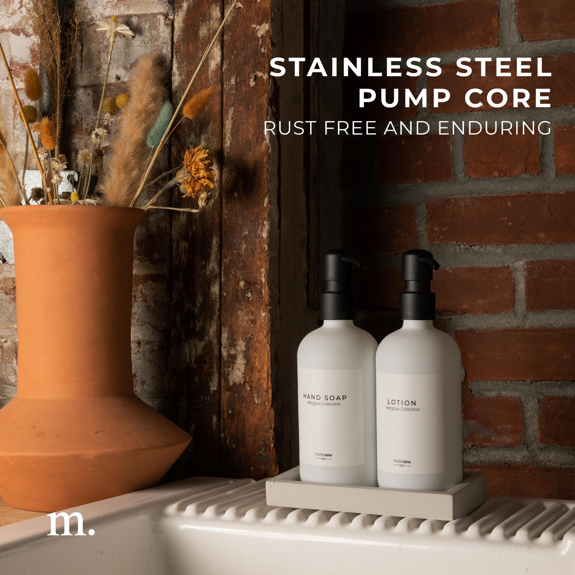 Maisonovo Soap And Lotion Dispenser Set - 16.9 Fl Oz White Hand Soap Dispenser Glass With Black Pump Set Of 2 And Concrete Tray