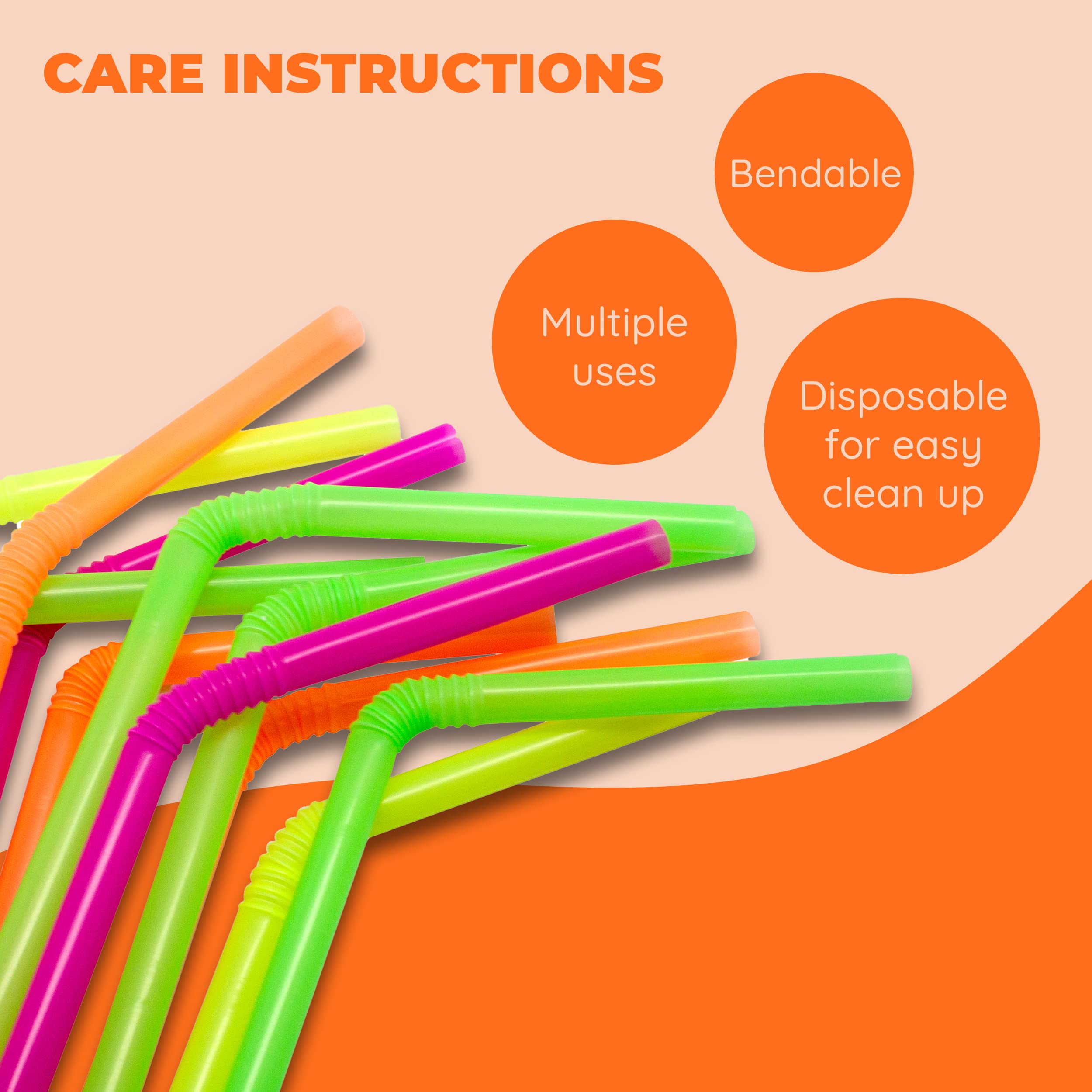 Jacent Flexible Disposable Drinking Straws, Bendable Plastic Neon Straws: 125 Count Per Pack, Fun Bendy Kids Straws, Great For S