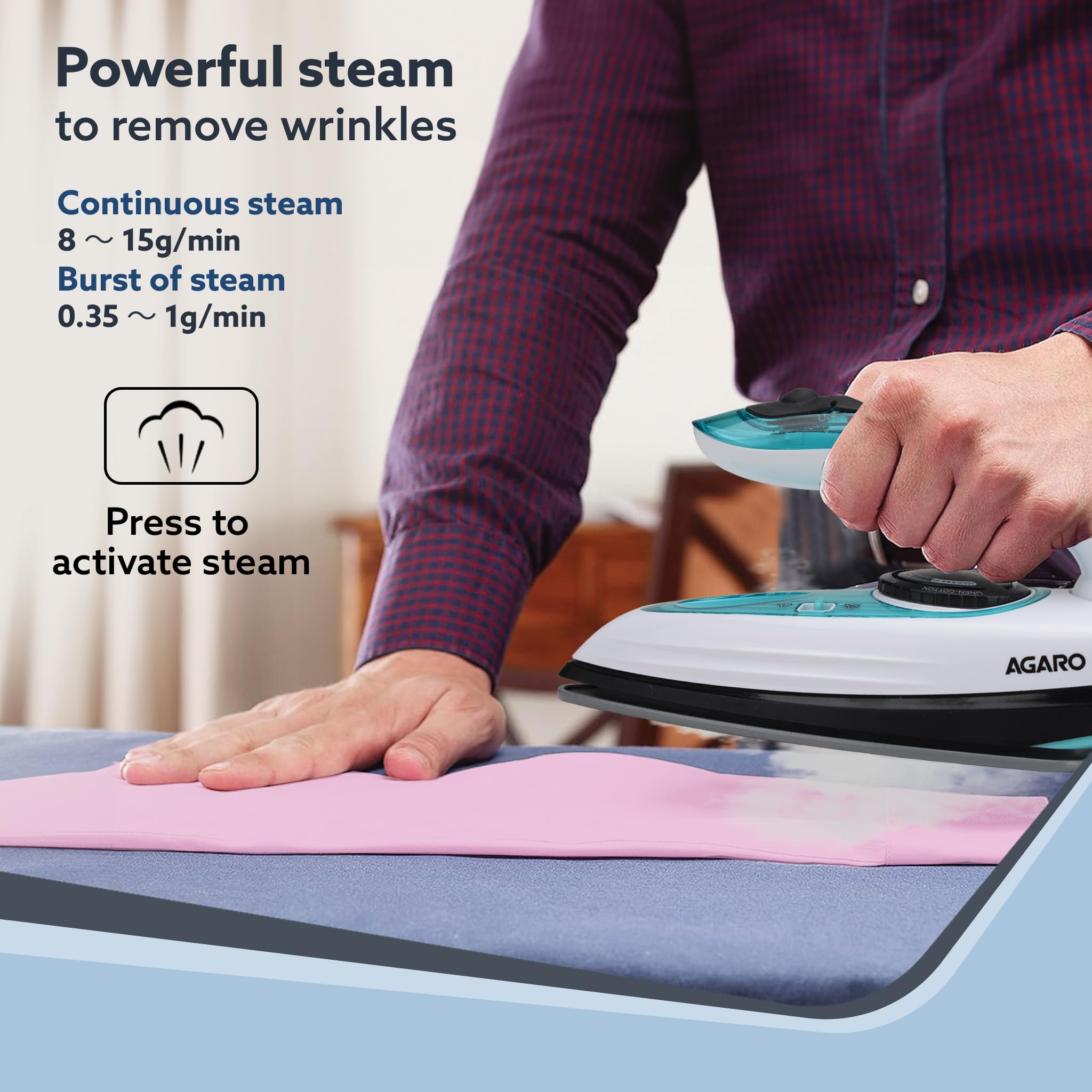 AGARO Primo Travel Steam Iron, 1200W, Compact, Ceramic Coated Sole plate, Cotton, Wool, Poly, Silk, Linen, Nylon, Multi-Fabric I