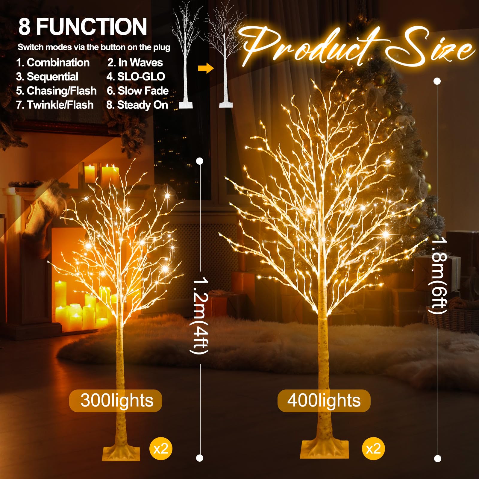 Aurelema 4 Pcs 4ft-300led, 6ft-400led Lighted Birch Tree 8 Modes Christmas Artificial LED Warm White Lights Birch Tree for Indoo