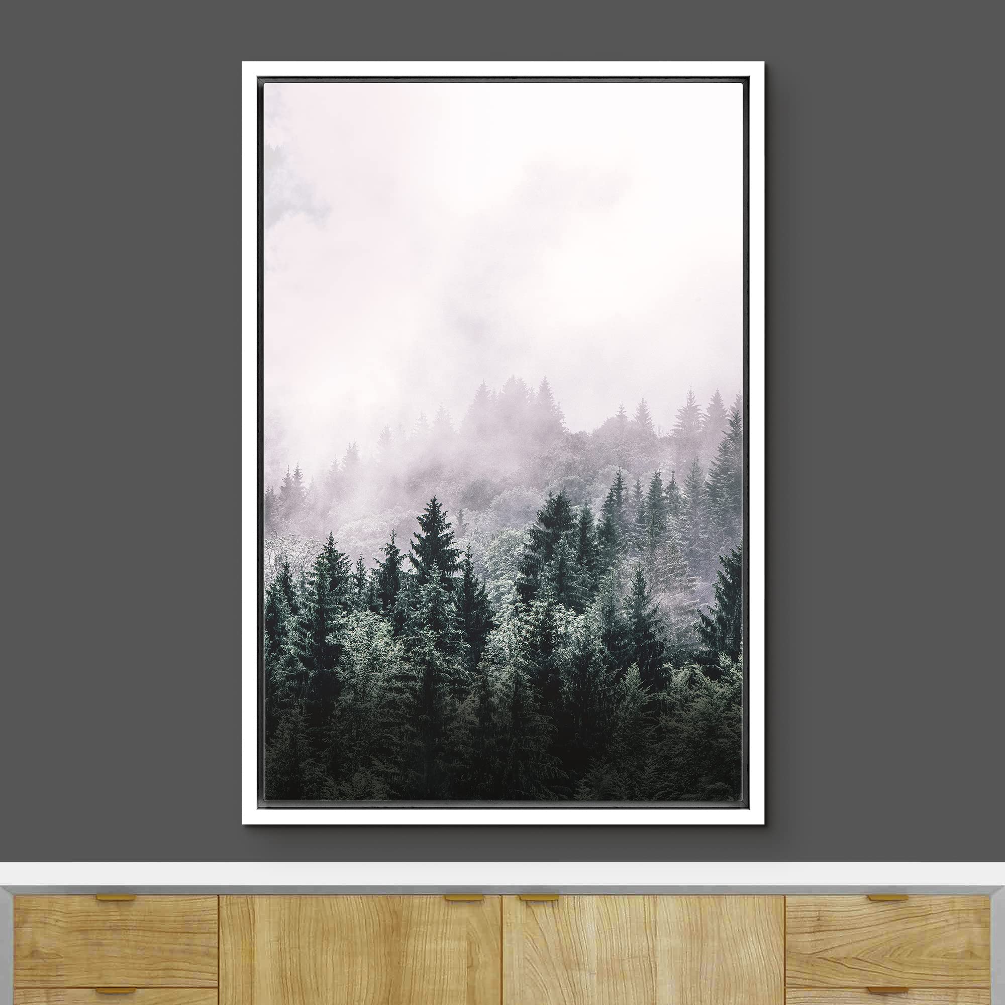 Ashbrook Framed Canvas Print Wall Art Mist Over Mountain Forest Pine Trees Nature Wilderness Photography Modern Rustic Scenic Mu