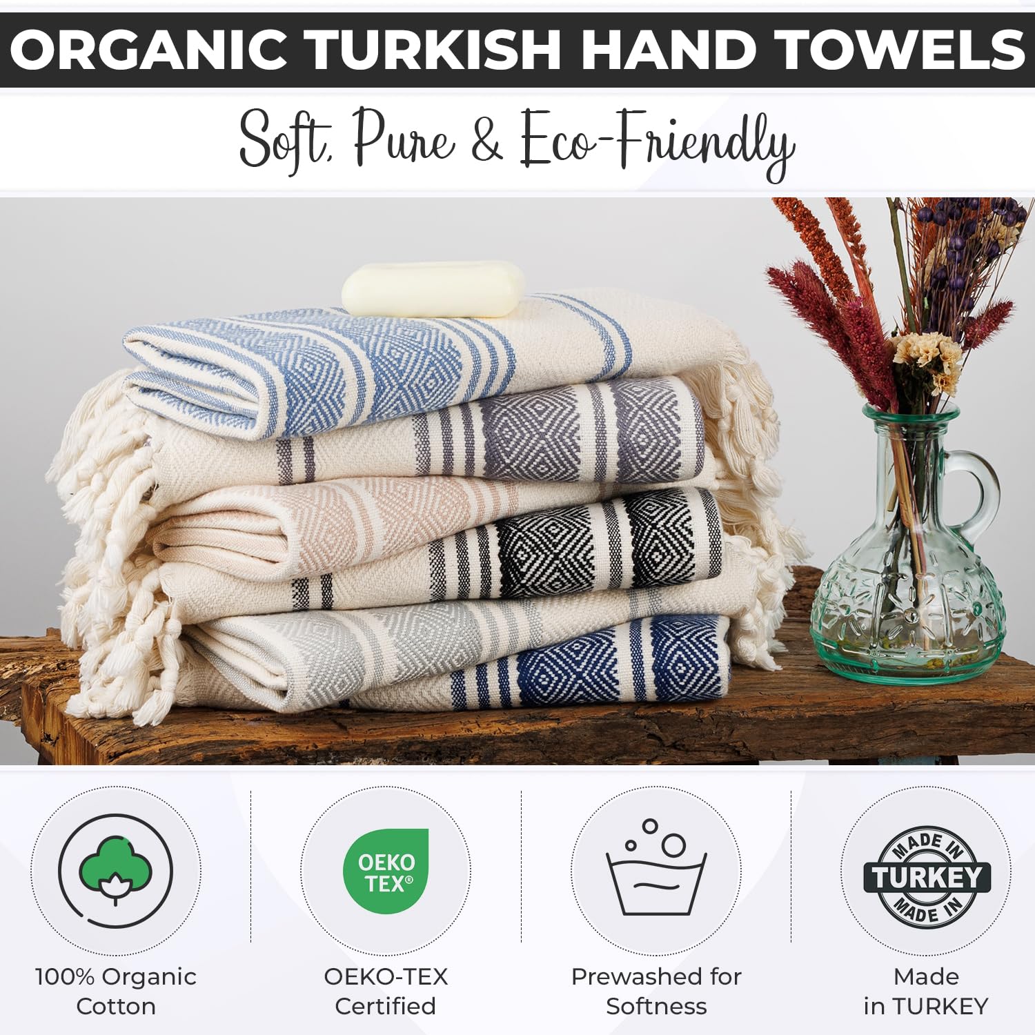 DEMMEX (Set of 2) Turkish Hand Towels  100% Certified Organic Cotton  Bathroom Hand  Face  Hair  Bath  Gym  Kitchen Towel  Dishcloth  Prewashed  Double Tied Tassels  18x36 Inches (Gray)