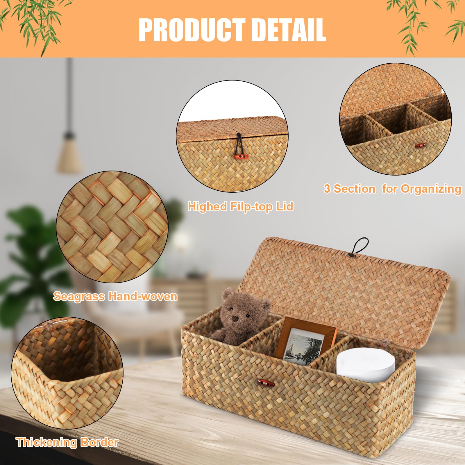 Taotazon Woven Basket For Toilet With Lid, Seagrass Tank Woven Basket Organizer With 3 Sections, Woven Basket With Wood Tray For