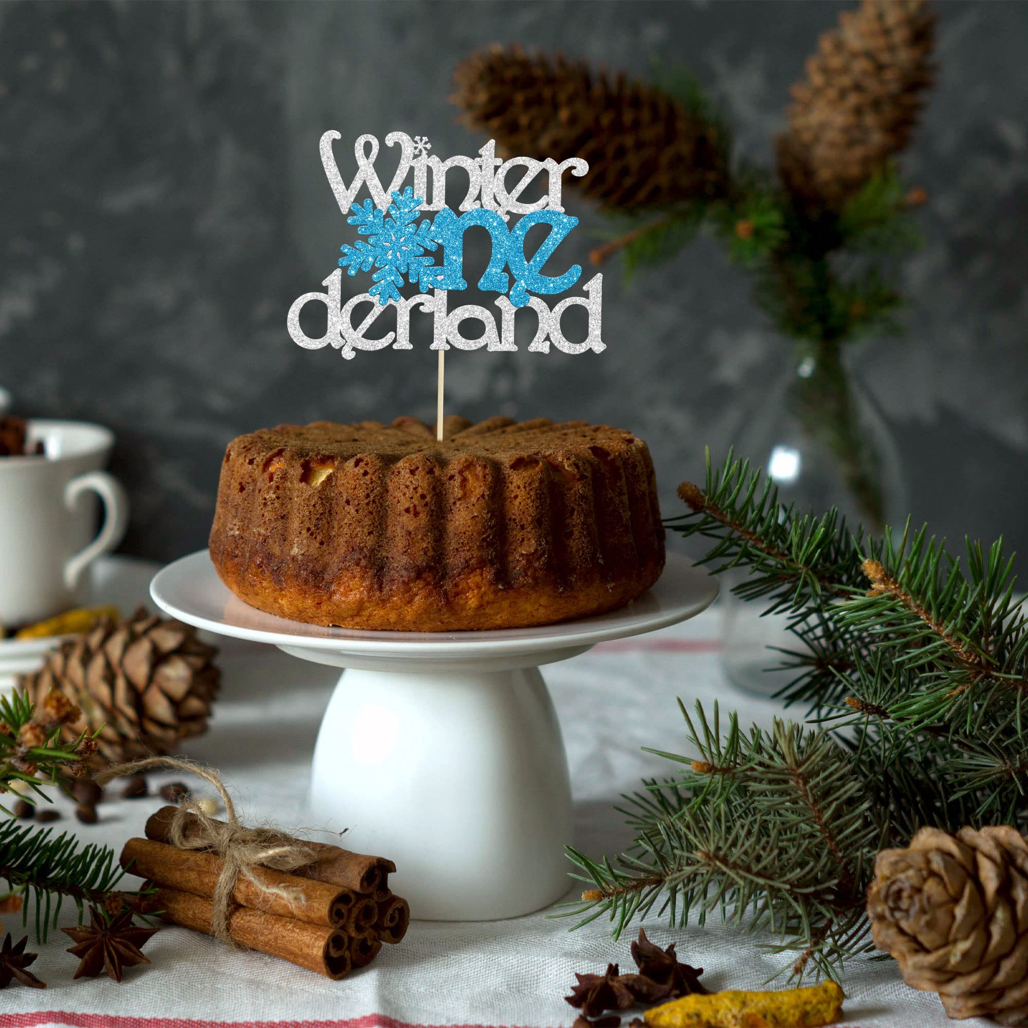 1Pc Winter Onederland Cake Topper Glitter Snowflake One 1st Birthday Party Cake Pick Decorations for Winter Snowflake Theme Baby Shower Kids First Birthday Party Supplies Silver Blue