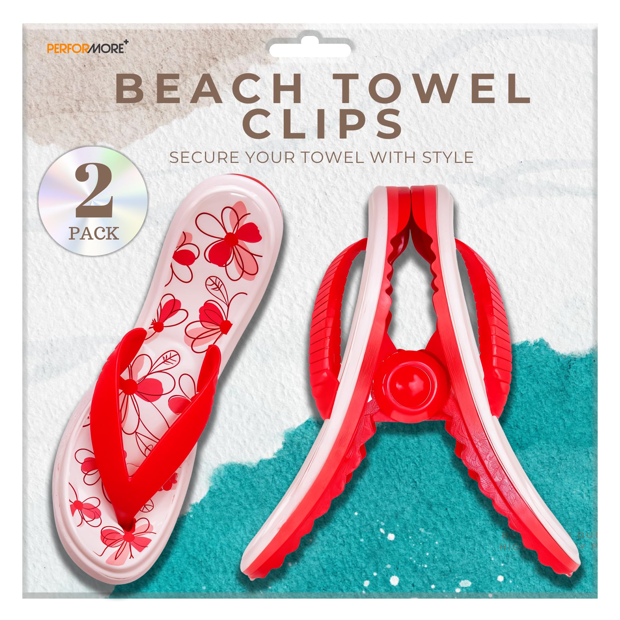 PERFORMORE Flip Flop Beach Towel Clips (Red)  Set of 2  Portable Towel Holder Clips  Secure Clips for Beach Chairs Deck Patio Pool Boat Cruise Lounge Chair Accessories