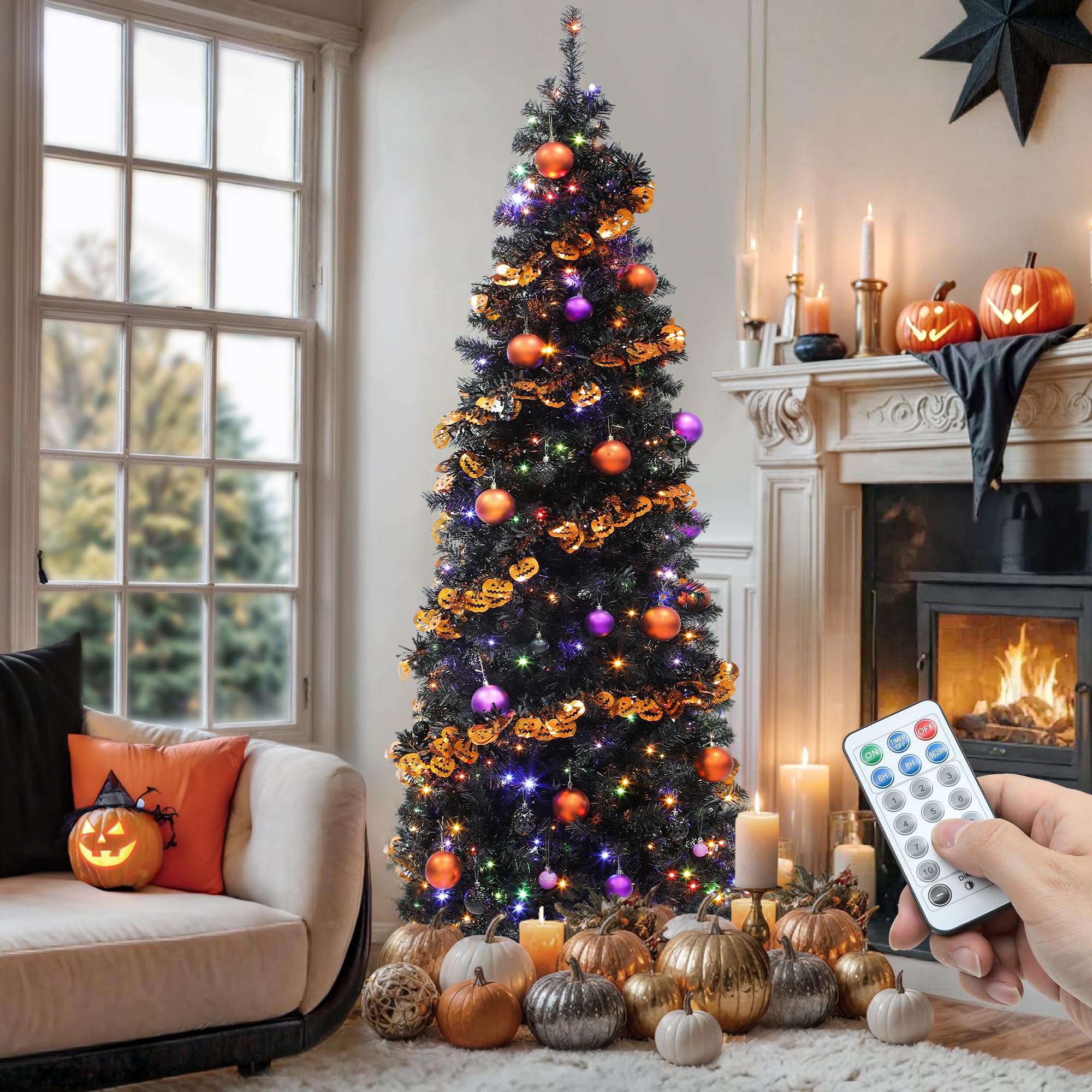 YITAHOME Pre-Lit Artificial Pencil Christmas Tree 7.5 FT with Remote, Fraser Fir, Slim Green Christmas Tree with 1000 Branch Tip