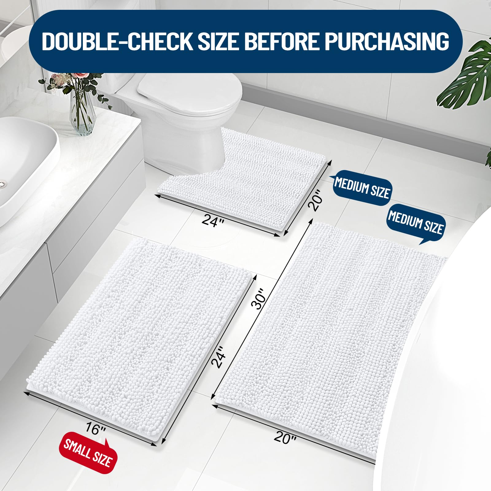 Grandaily Chenille Striped Toilet Rugs U-Shaped  Extra Soft and Absorbent Bathroom Rugs  Non-Slip Plush Shaggy Bath Rug  Machine Washable Contour Bath Mats for Toilet Base  24x20  White