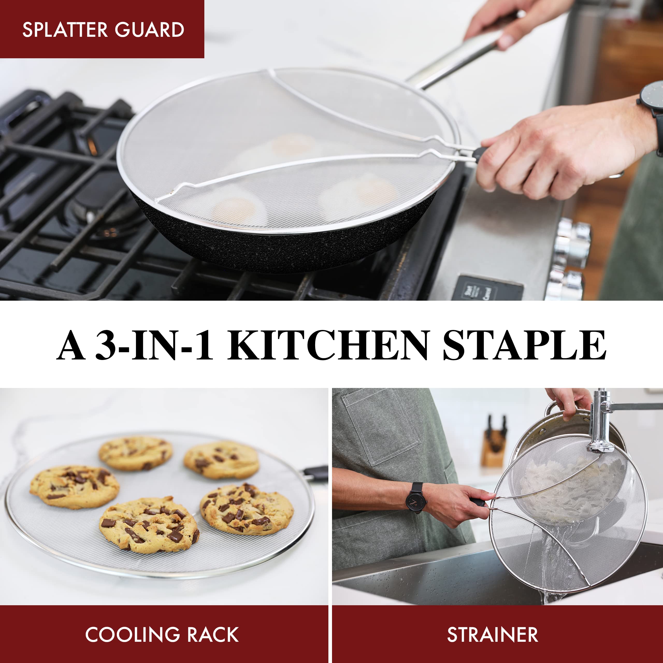 Bergkoch Splatter Screen For Frying Pan - 9.5 Inch Stainless Steel Grease Splatter Guard - Cover Oil Splash When Sizzling Bacon,