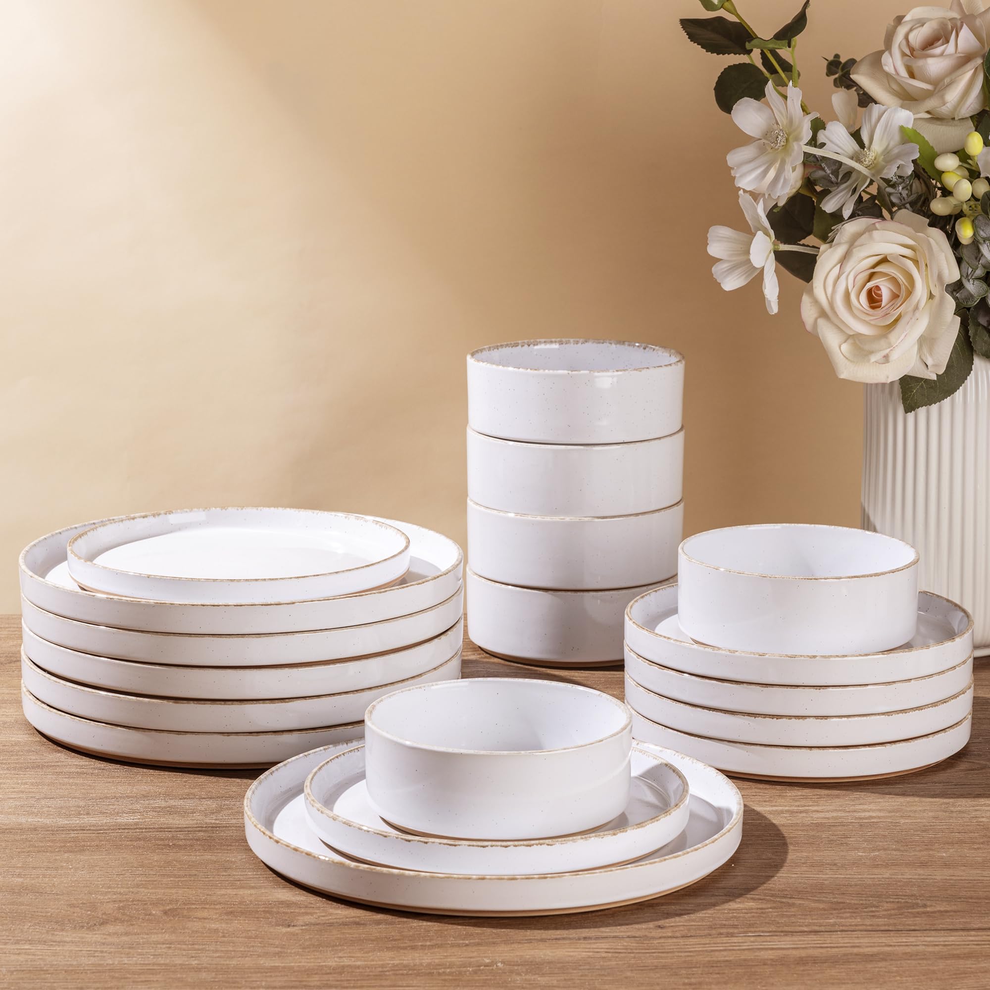 AmorArc Ceramic Dinnerware Sets for 8, 24 Pieces Handpainted Plates and Bowls Set with Rustic Terracotta Underside, Scratch Resi