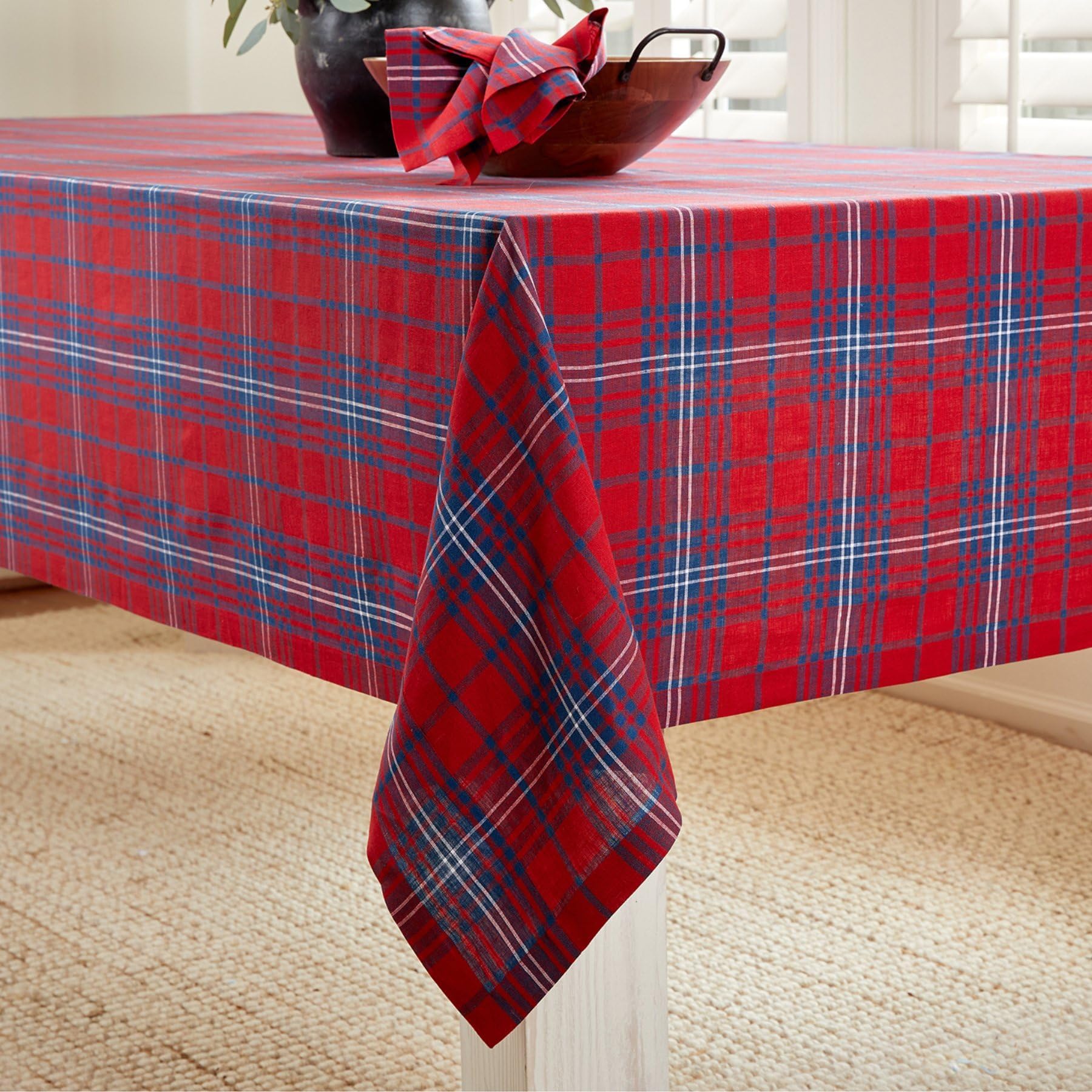 Solino Home Tablecloth 144'' L X 60'' W Inch - 100% Pure Linen Red And Navy Tartan Plaid Tablecloth - Handcrafted And Machine Wa