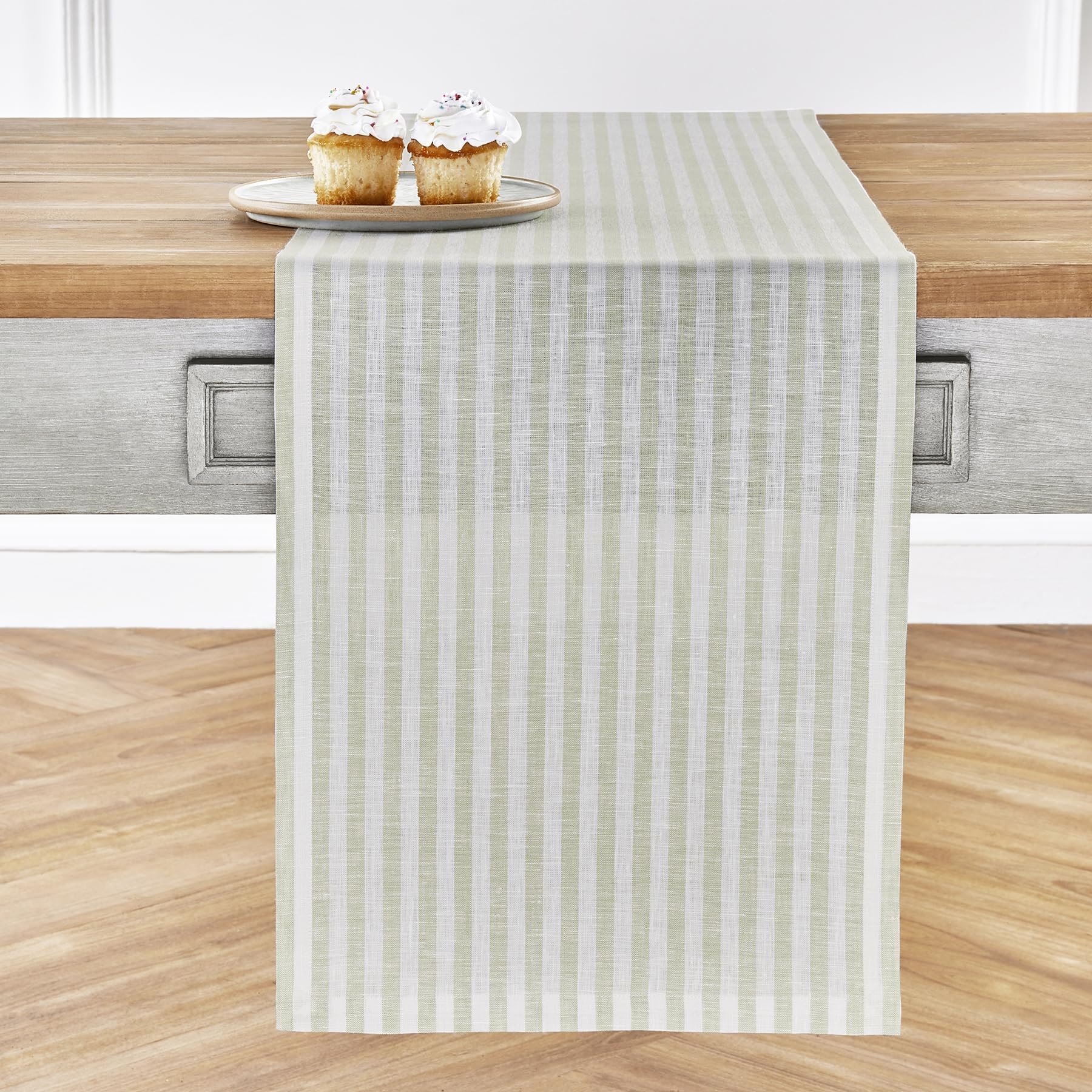 Solino Home Stripe Linen Table Runner 60 Inch - 100% Pure Linen Sage And White Short Table Runner 14 X 60 Inch Ideal For Dresser