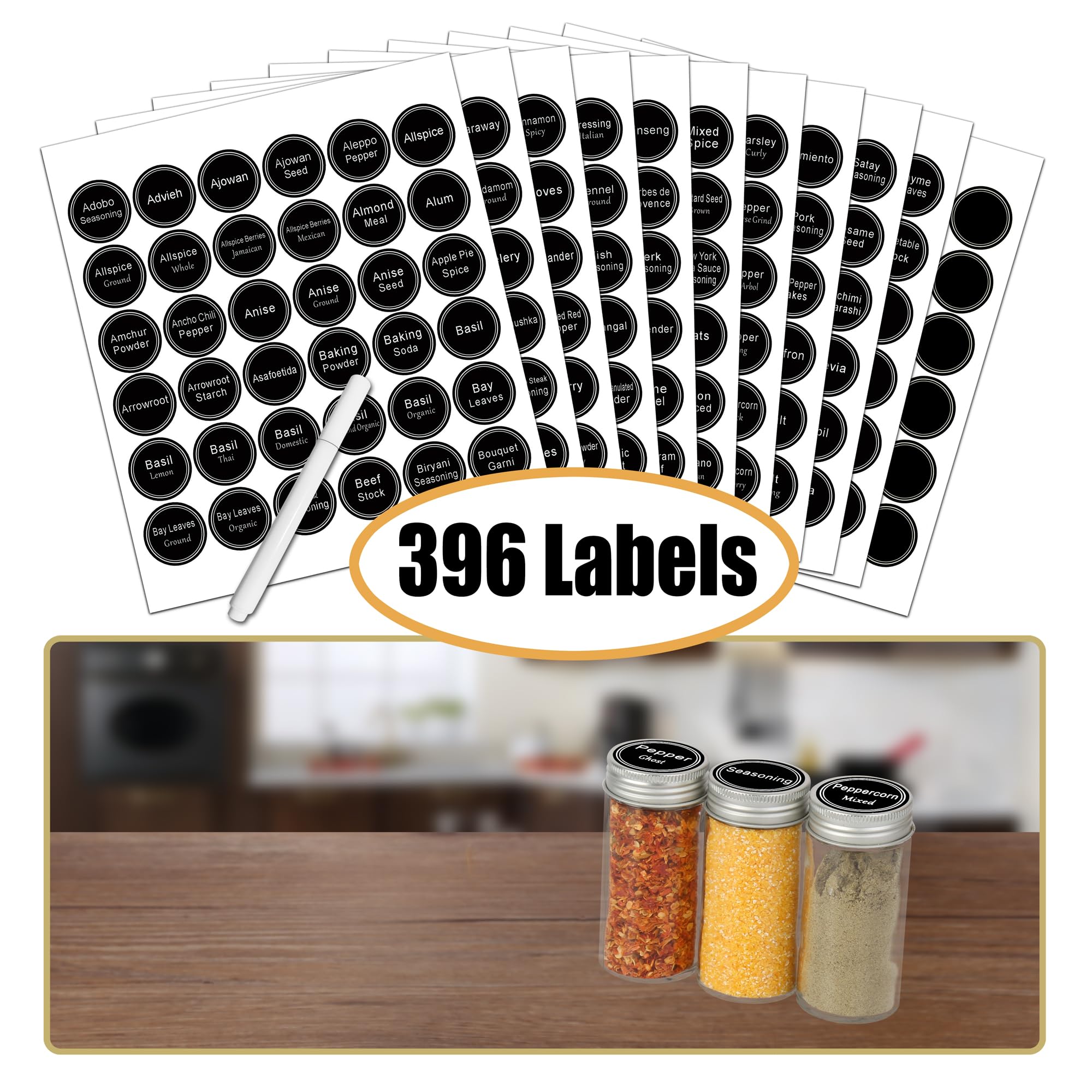 SWOMMOLY 3 Tier Spice Rack Organizer with 24 Empty Round Spice Jars, 396 Spice Labels, Funnel and Chalk Marker Complete Set, Bla