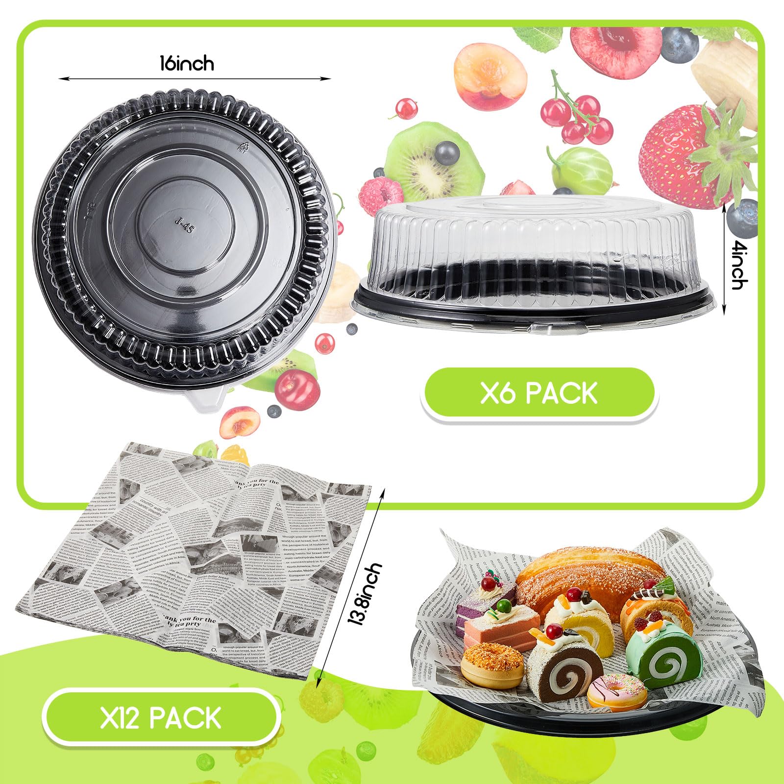 Tessco 6 Pcs Heavy Duty Serving Tray And Lid 12 Pcs Deli Wax Paper Sheets Large, Black Plastic Round Platters With Clear Lids Fo