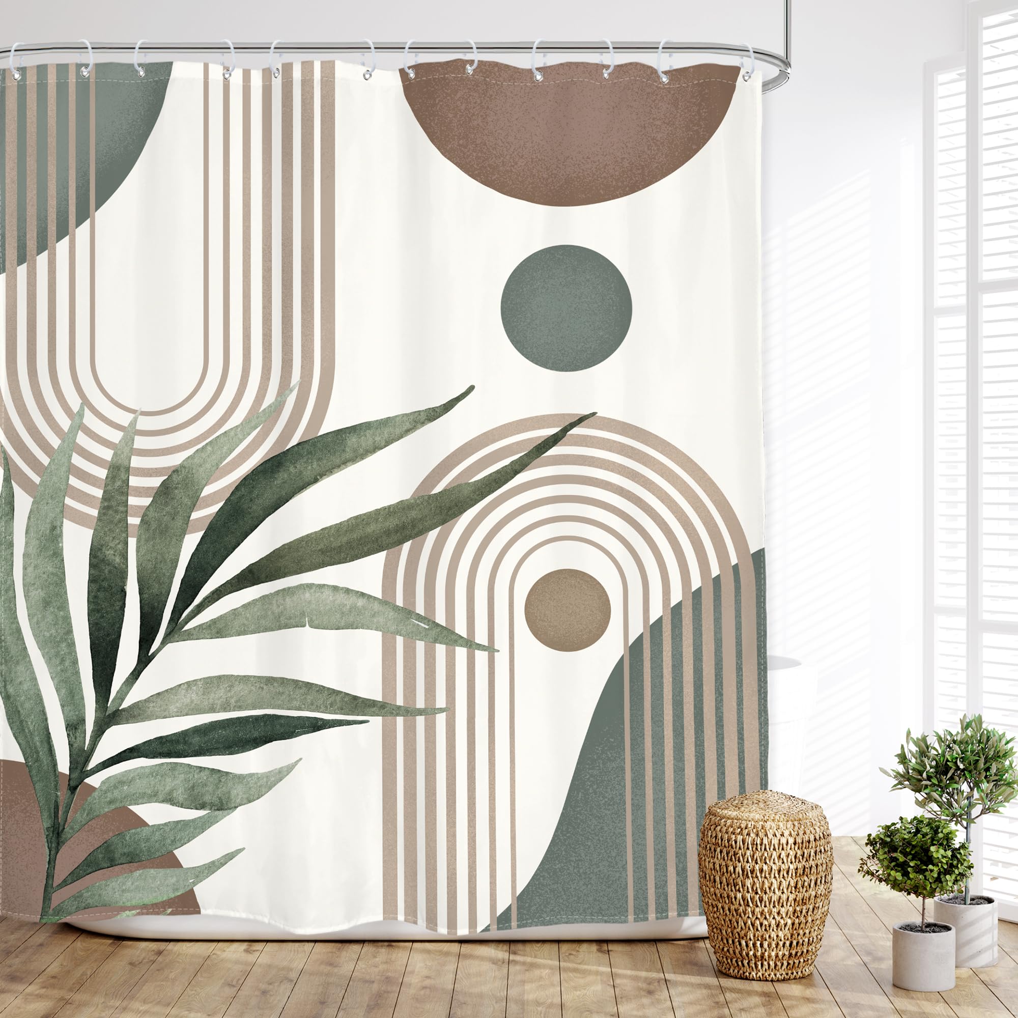 Glawry Boho Shower Curtain Extra Long Mid Century Abstract Plant Palm Leaves Modern Arch Bathroom Minimalist Geometric Aesthetic