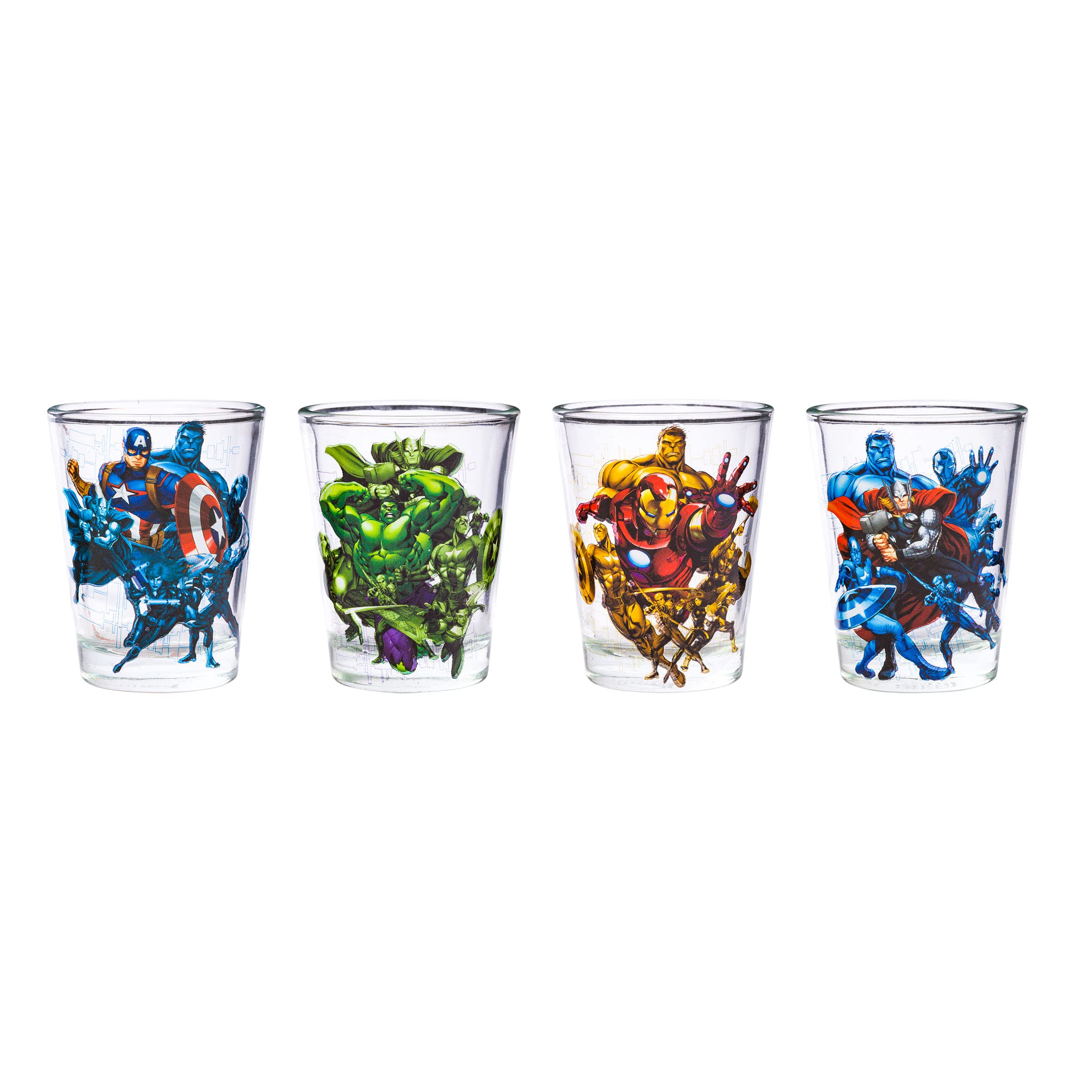 Silver Buffalo Marvel Team Avengers 4Pc Clear Mini Glass Set, 1.5 Ounces