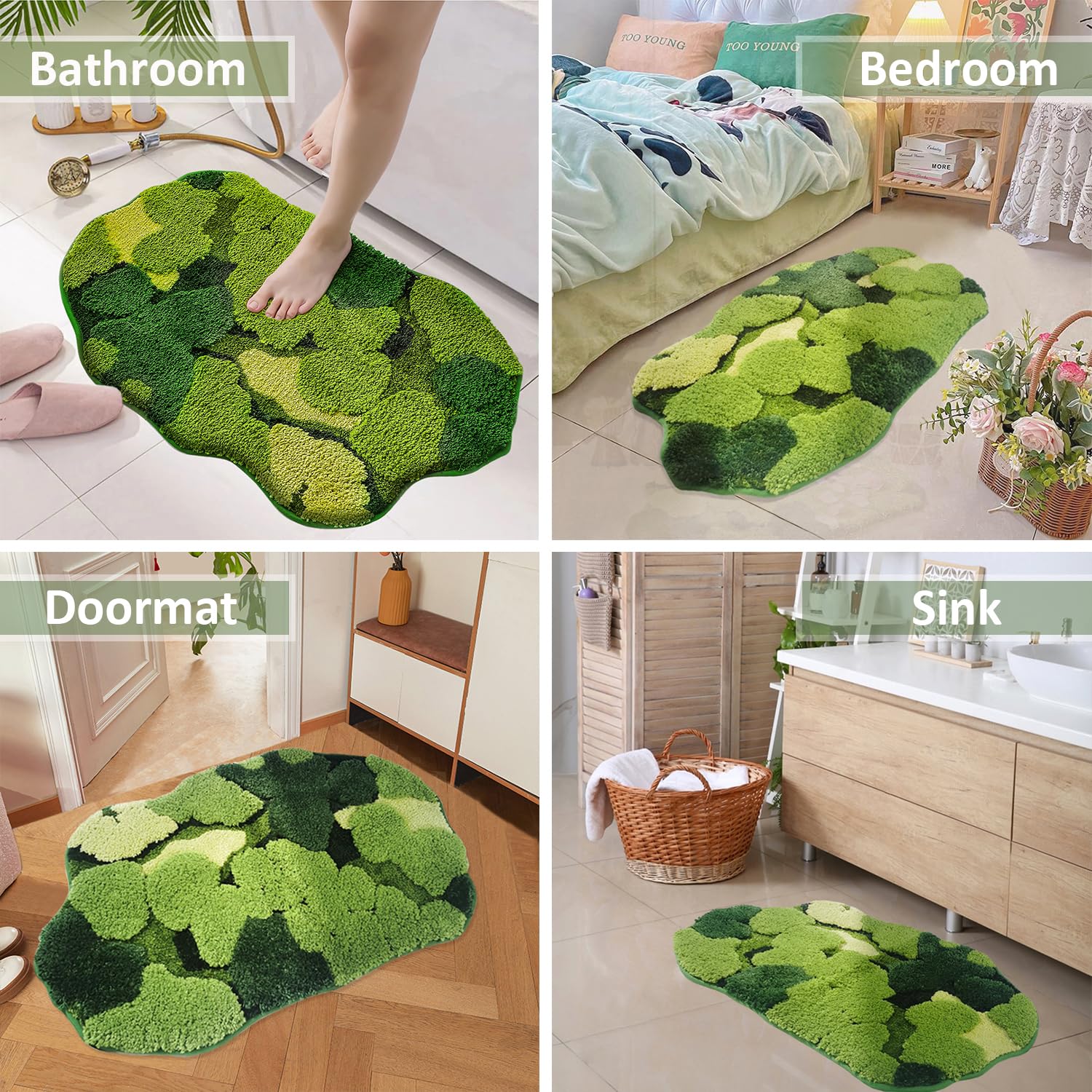 Hifuwan Cute Green Moss Shag Bathroom Rugs Leaf Bath Mats For Bathroom Decor Aesthetic Leaves Soft Non Slip Washable Aabsorbent