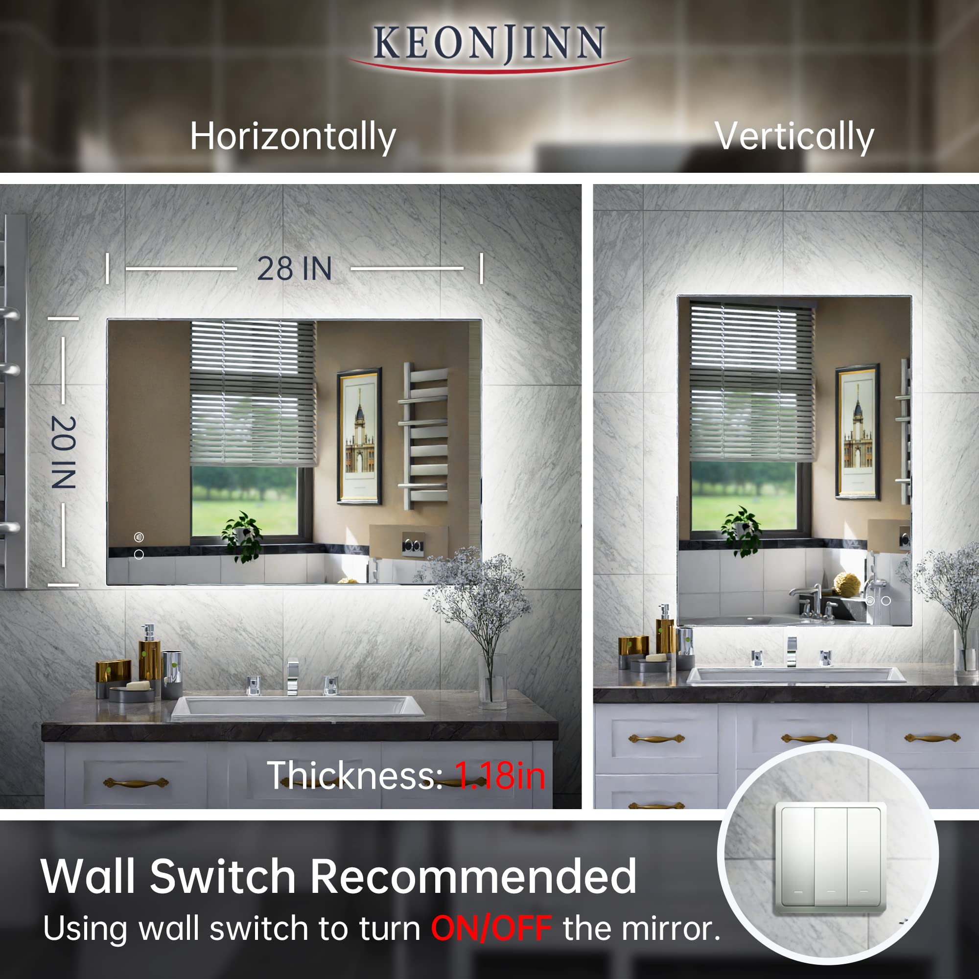 Keonjinn Led Vanity Mirror 20 X 28 Inch Backlit Mirror Bathroom Mirror With Lights Wall Mounted Anti-Fog Lighted Bathroom Mirror