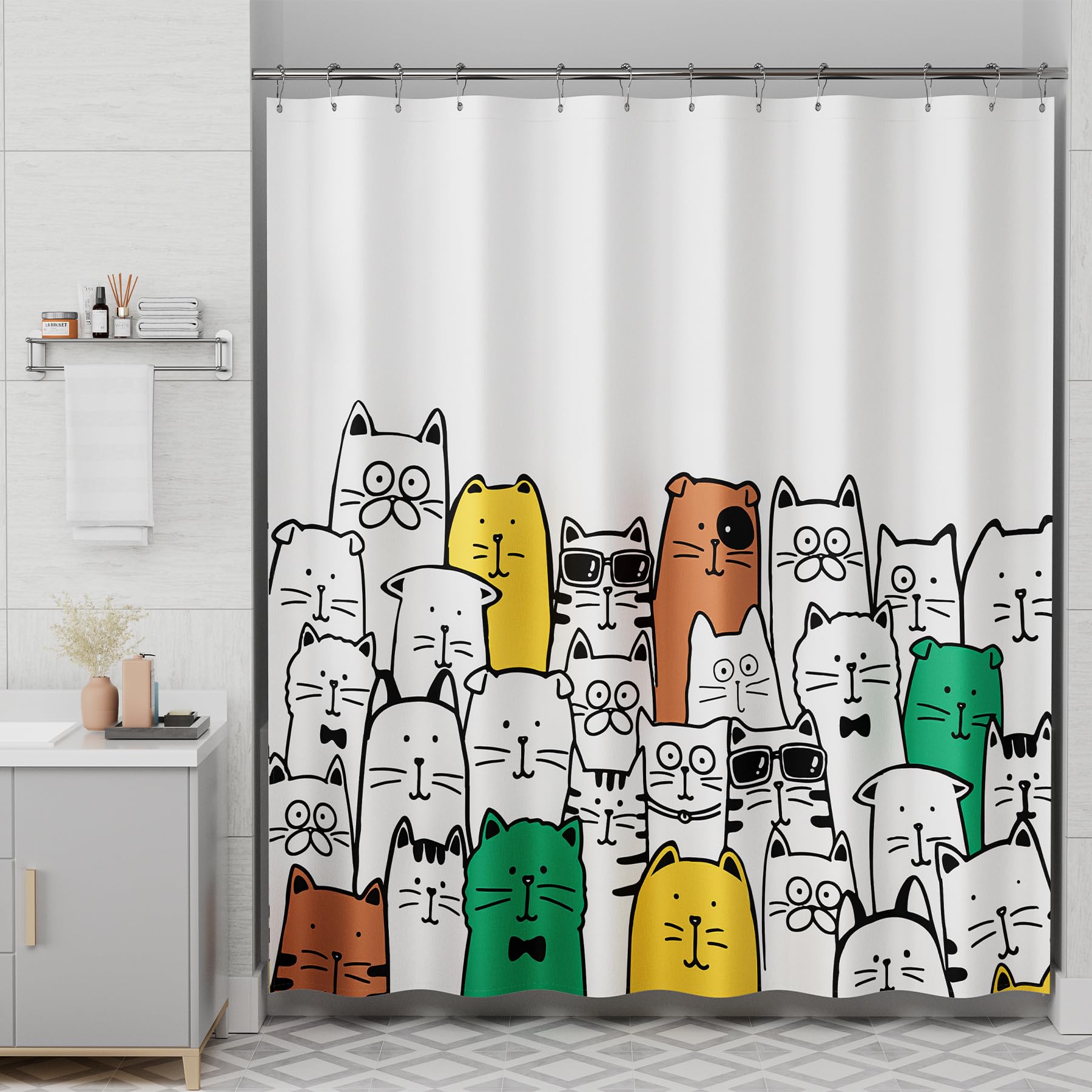 Amazerbath Shower Curtain, Washable Cute Kitty Carnival Cloth Shower Curtain Set With 12 Metal Hooks, Kawaii Waterproof Fabric B