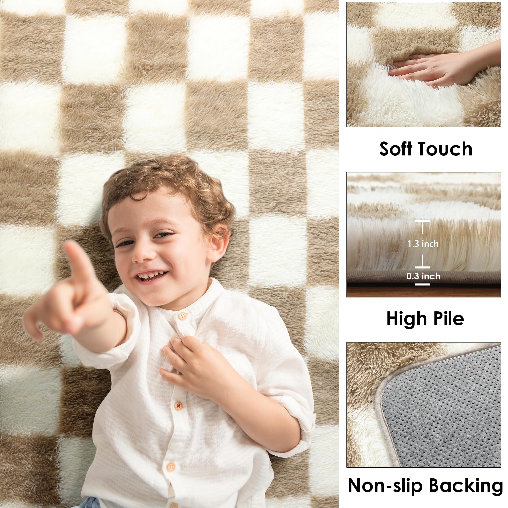 KICMOR Fluffy Pink and White Area Rugs for Girls Room, 4x6 Fuzzy Shag Shaggy Checkered Rug Bedside Carpet for Kids Bedroom, Plus