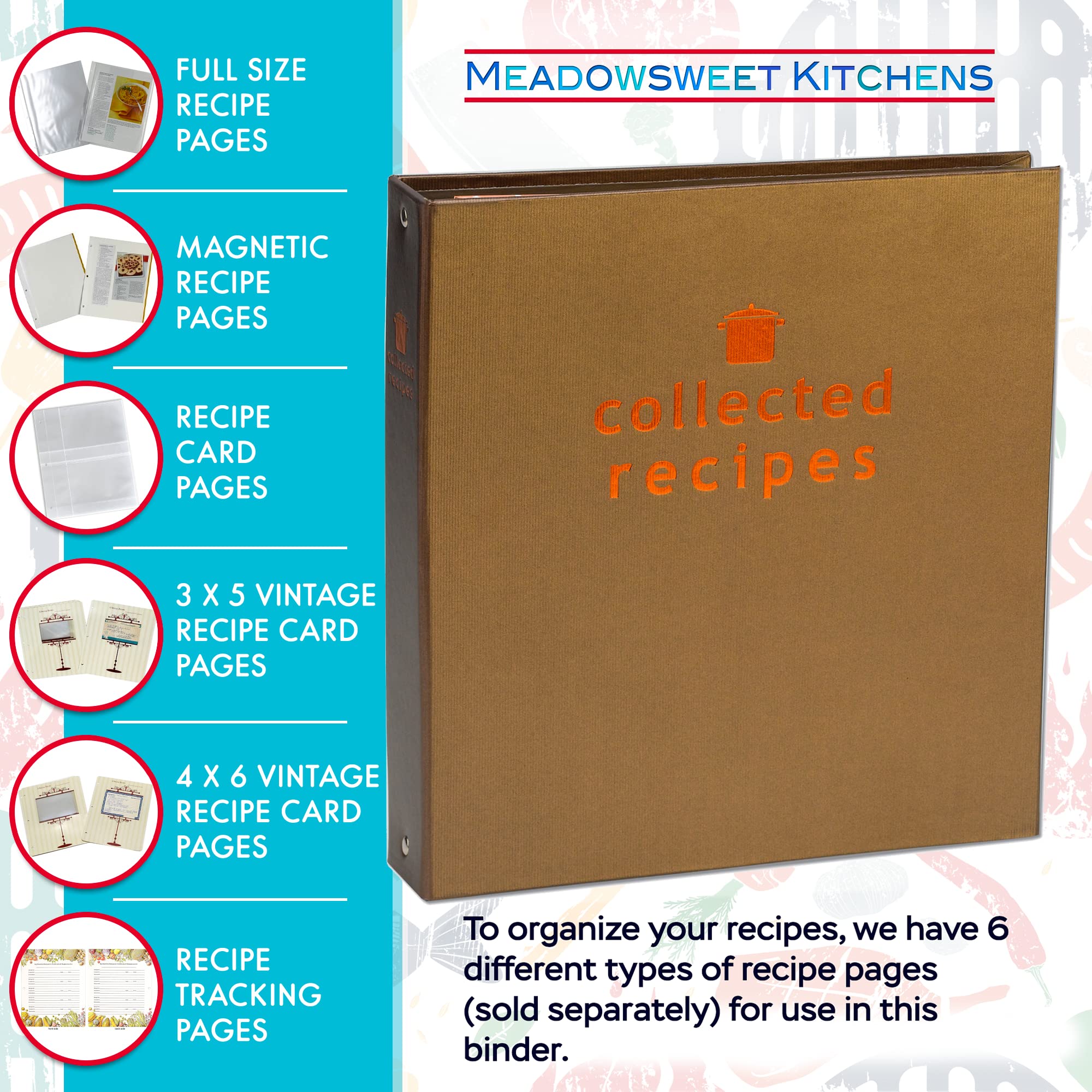 Meadowsweet Kitchens Recipe Binder Organizer - Copper & Brown - Create Your Own Cookbook - CYOCR/CB - Perfect for Recipe Cards & Clippings
